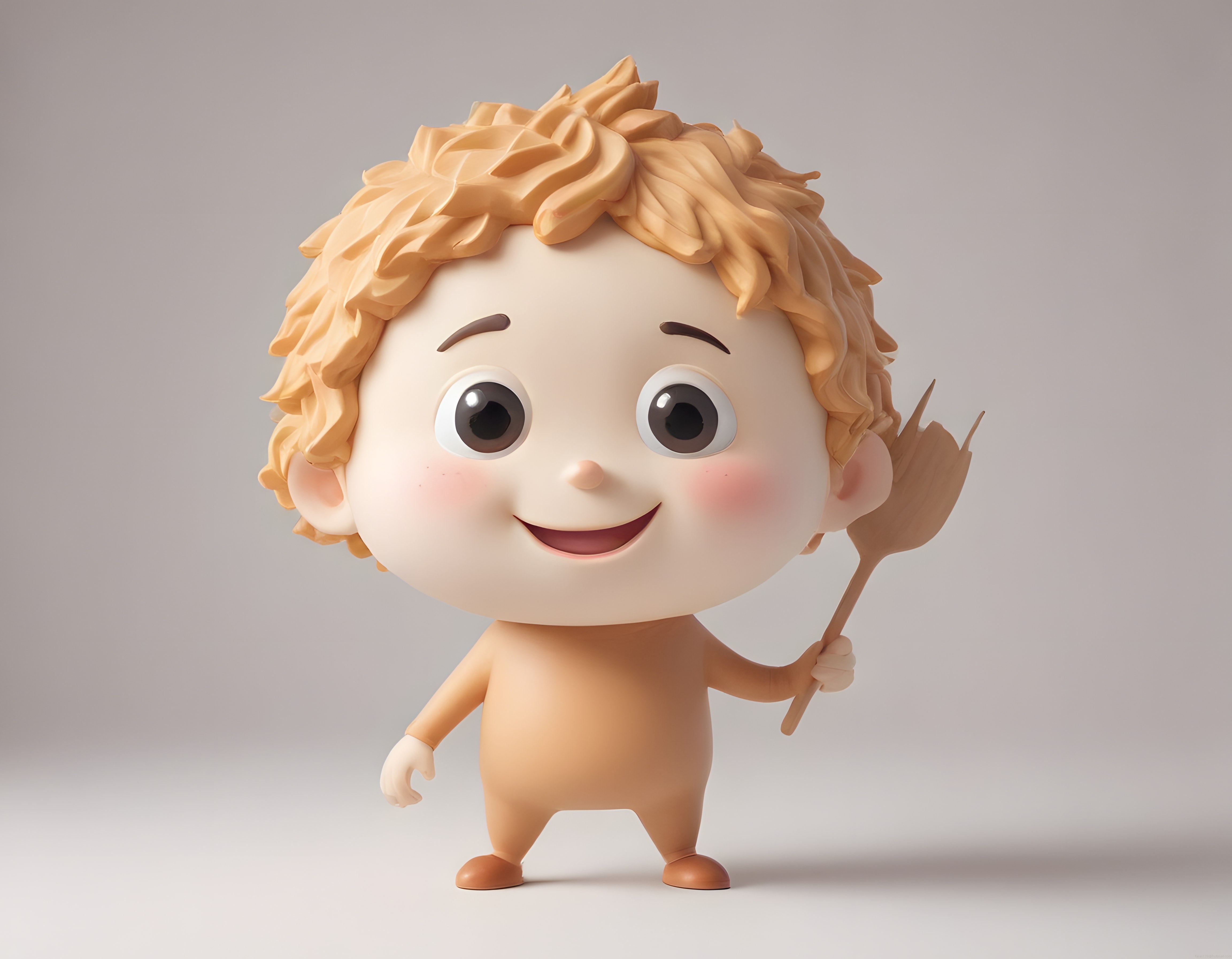 3D Render Sevimli Bebek Figürü: Yaprak Tutan Gülümseyen Çizgi Film Karakteri