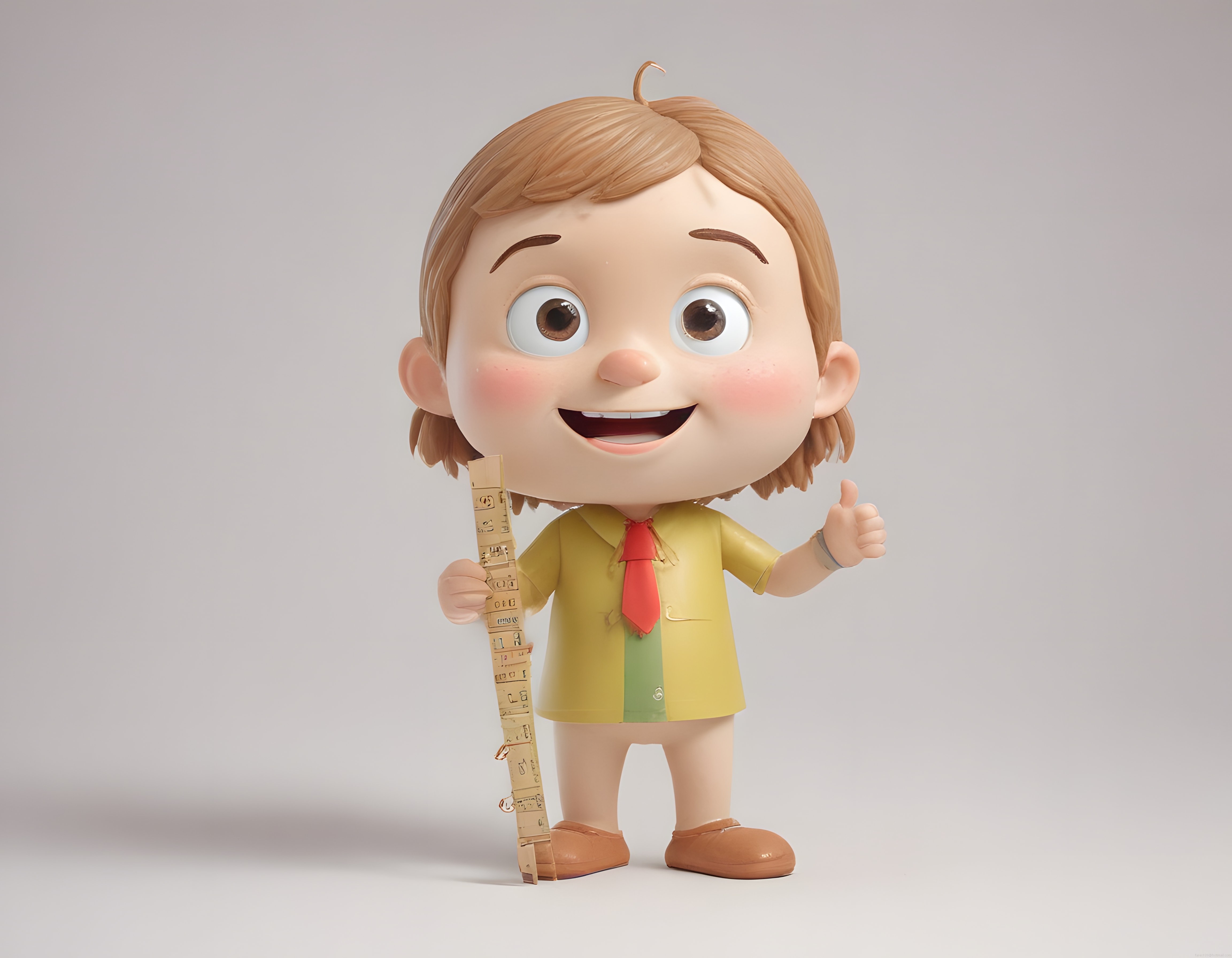 3D Render Sevimli Çizgi Film Karakteri Parlak Gözlü Neşeli Çocuk ve Cetveli