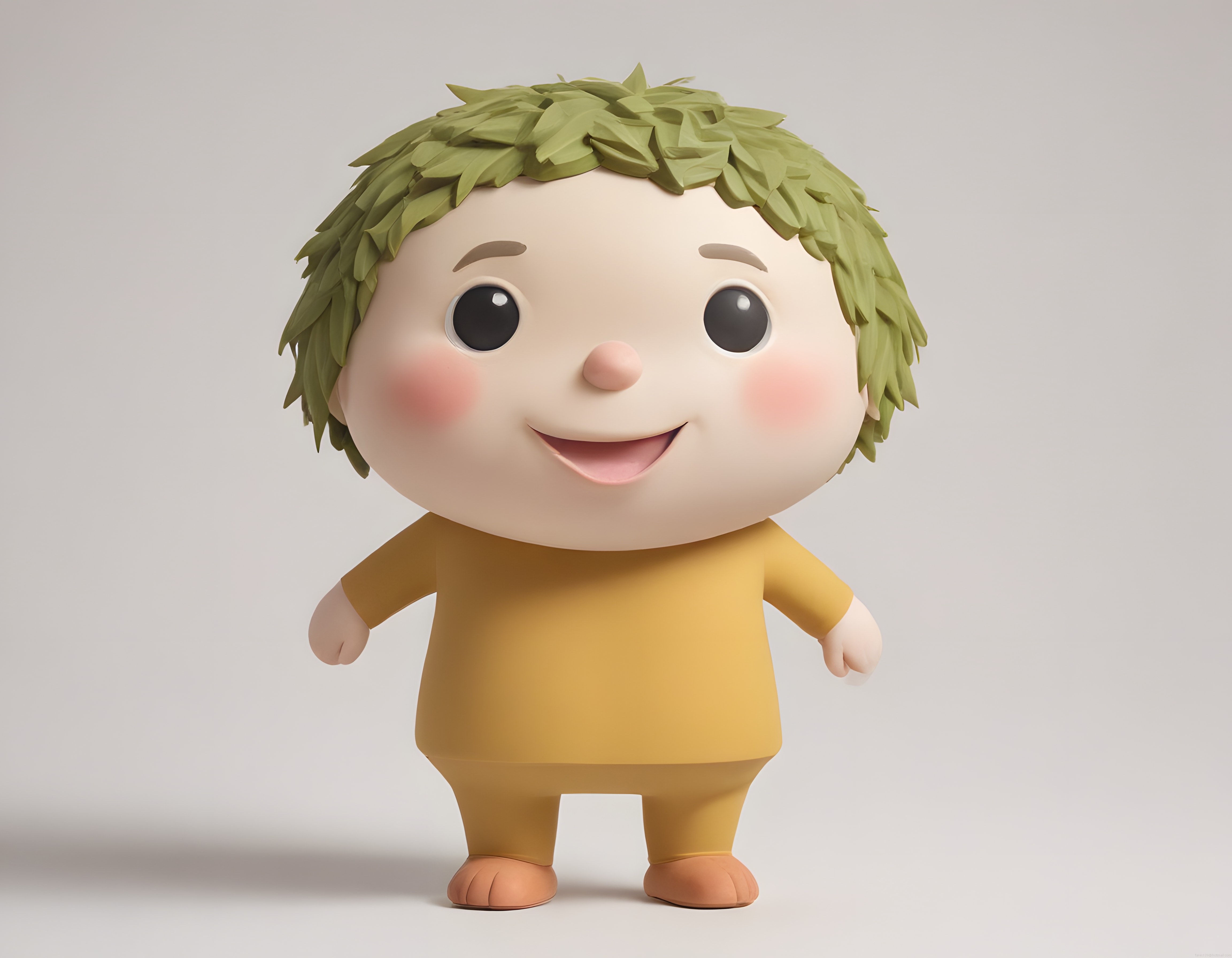 3D Render Sevimli Karakter: Yaprak Saçlı ve Gülümseyen Çocuk Figürü