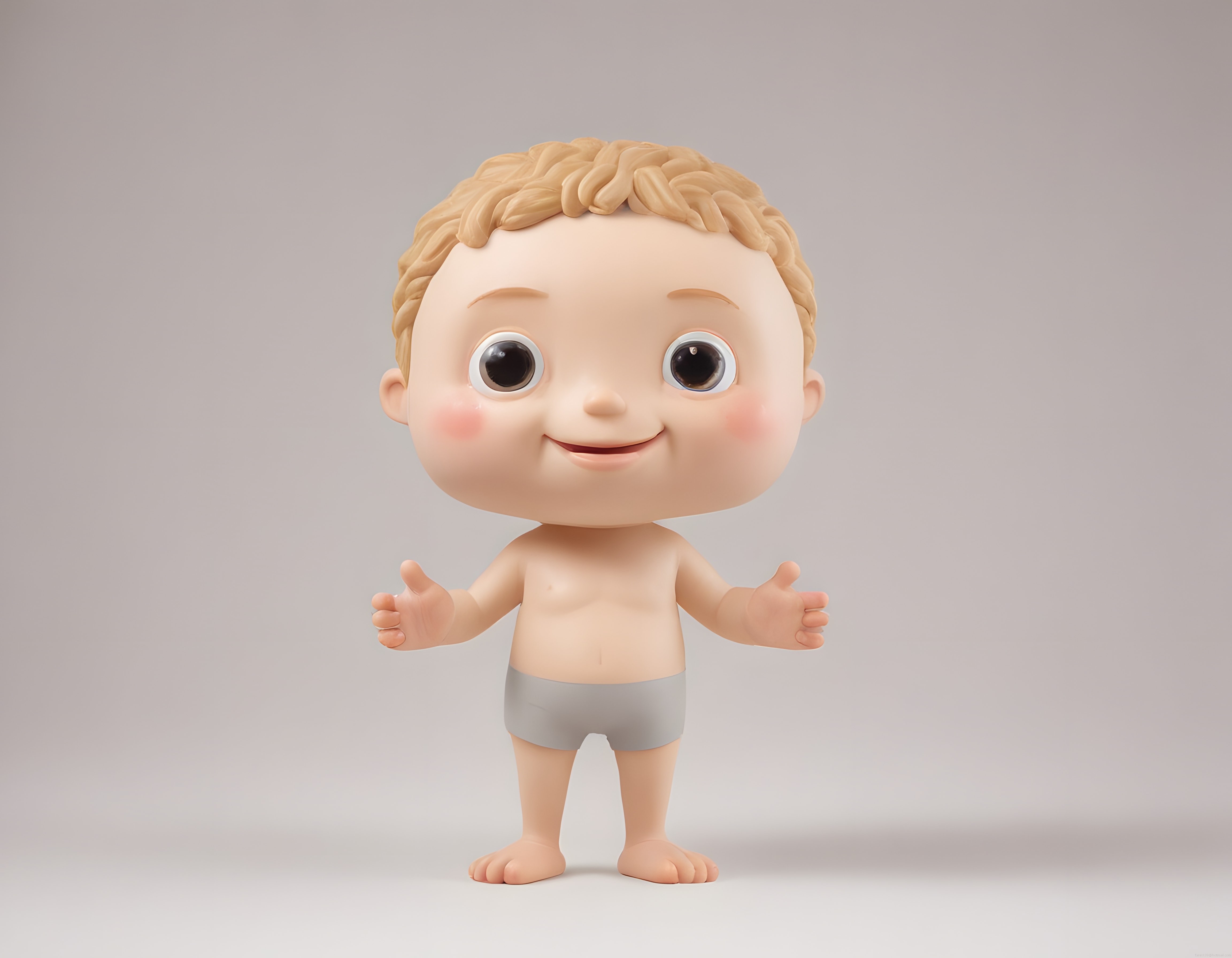 3D sevimli bebek karakteri, kolları açık ve gülümseyen, çizgi film stilinde