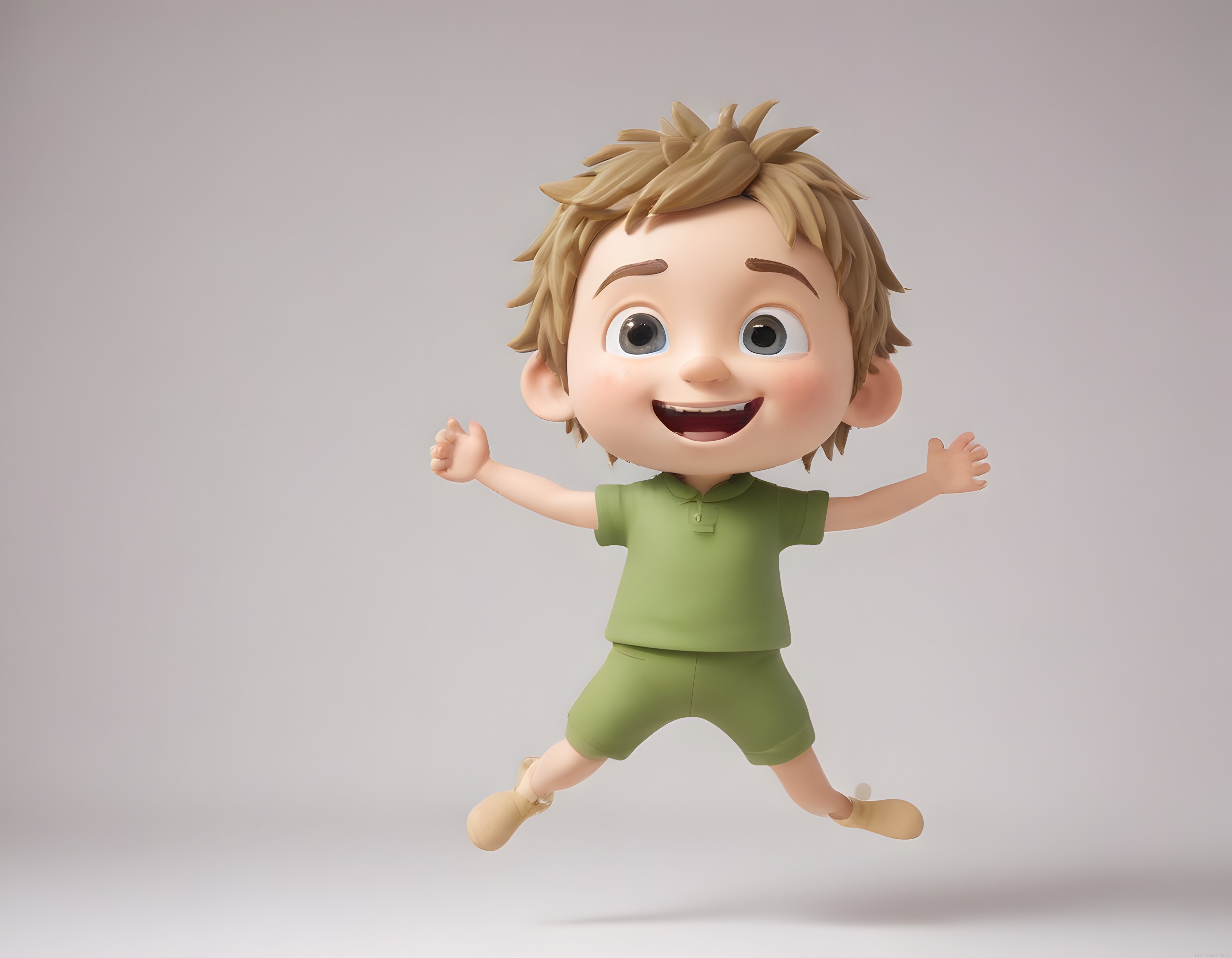 3D Tasarım Neşeli Çocuk Karakteri Yeşil Kıyafetlerle Zıplıyor