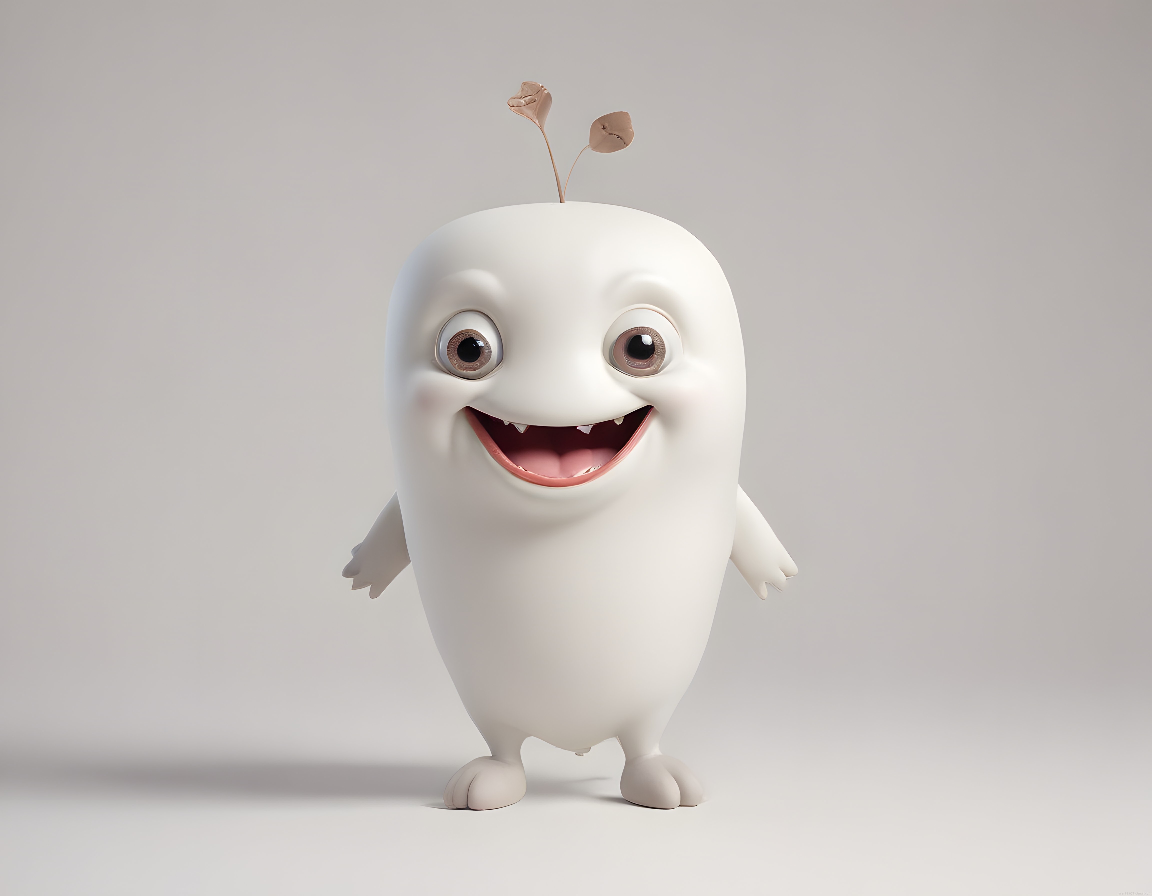 3D Tasarlanmış Sevimli Beyaz Canavar ve Kafasında Bitki Tutan Neşeli Maskot