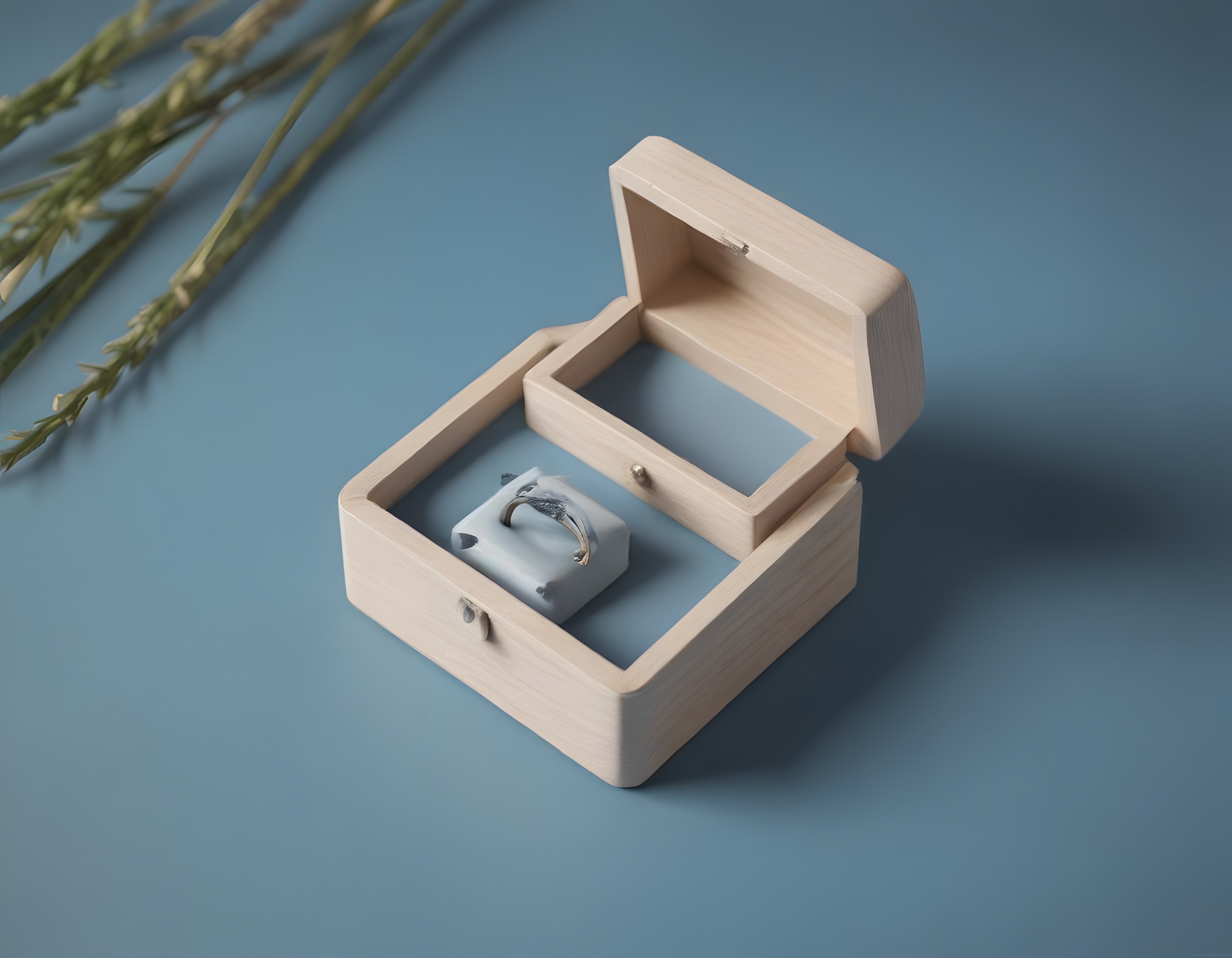 Açık Ahşap Kutuda Gümüş Yüzük ve Kuru Otlar ile Minimal Ürün Fotoğrafı