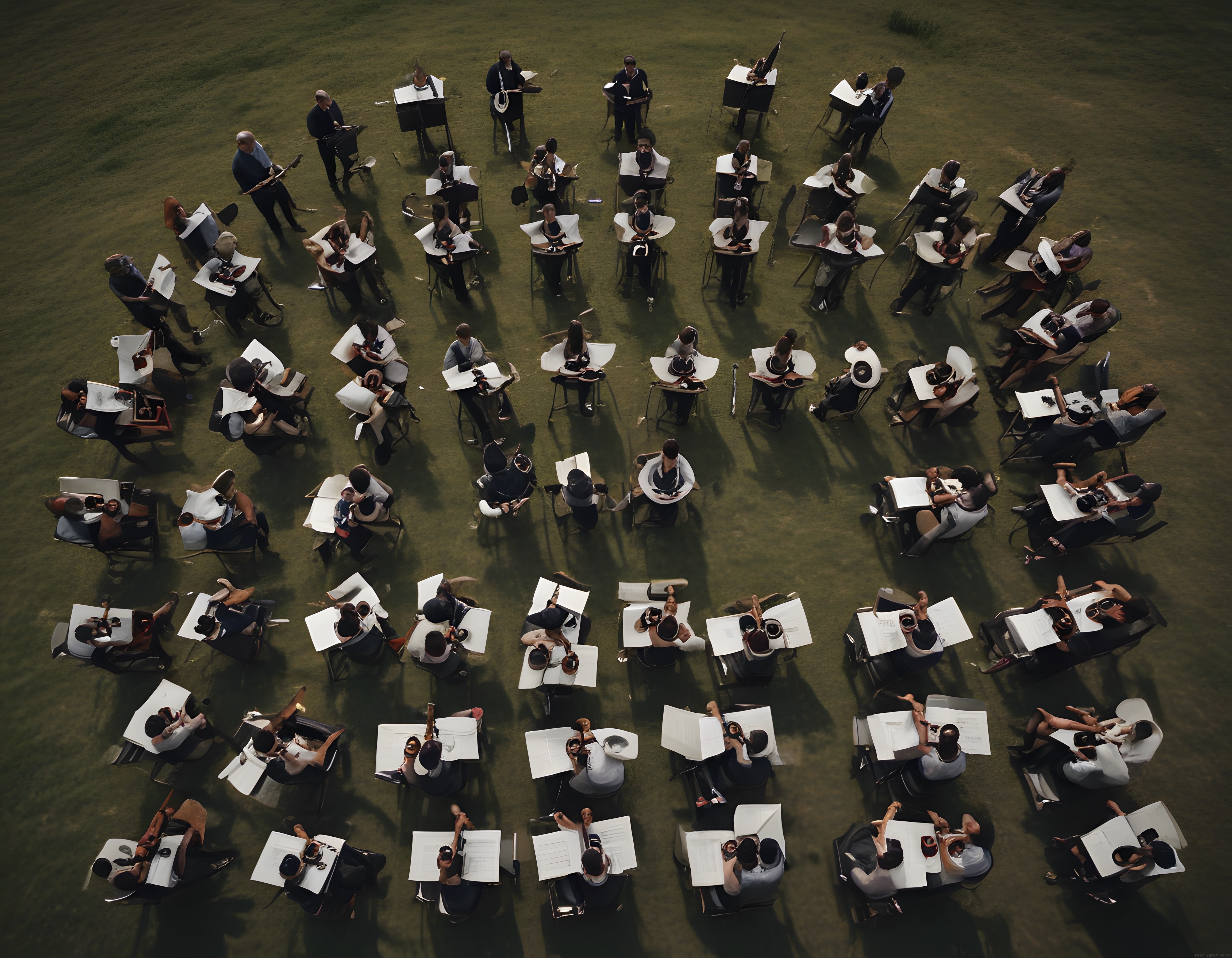 Açık Havada Çimler Üzerinde Oturan Orkestra Müzisyenlerinin Kuş Bakışı Görüntüsü
