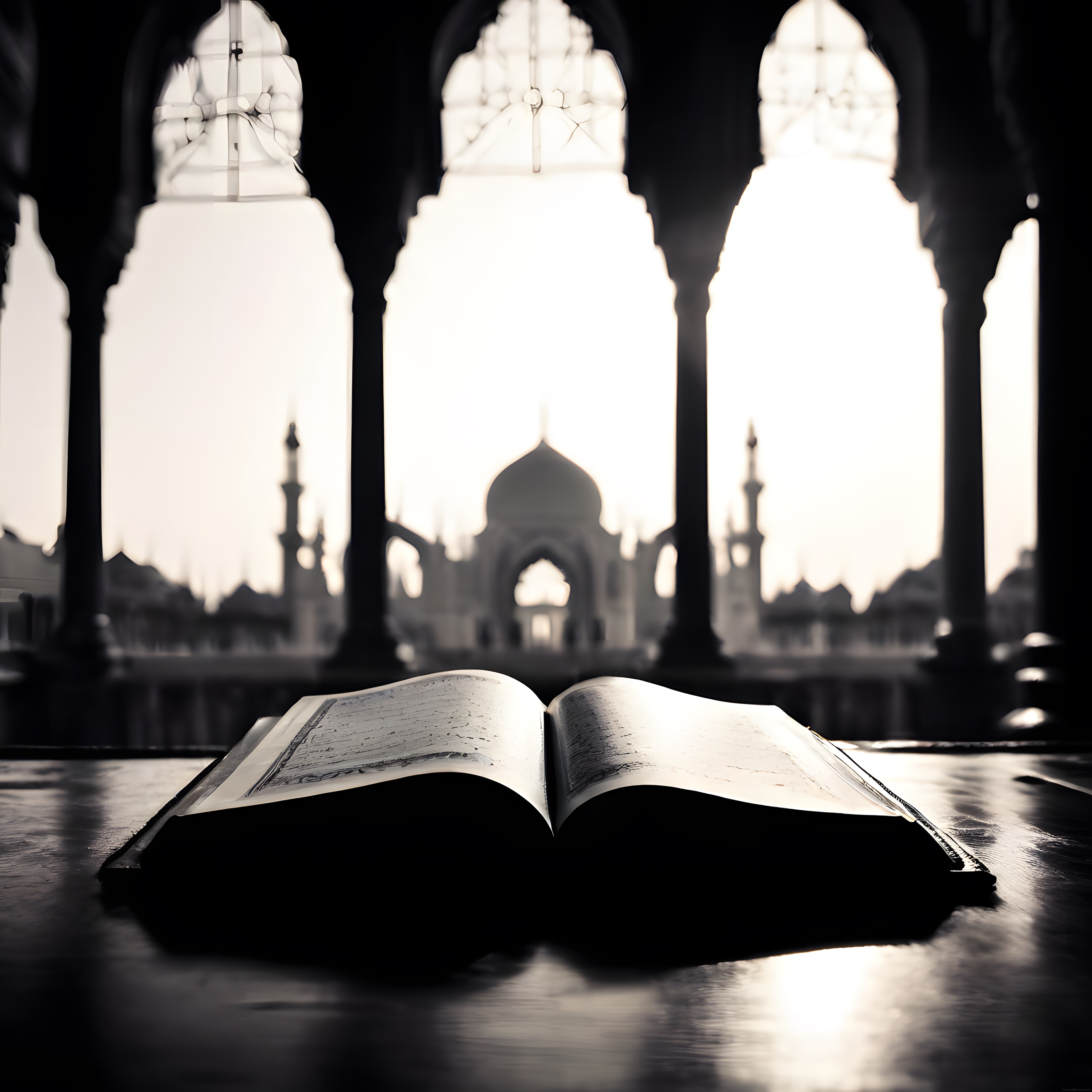 Açık kitap ve arka plandaki tarihi cami siluetiyle mistik İslami huzur atmosferi