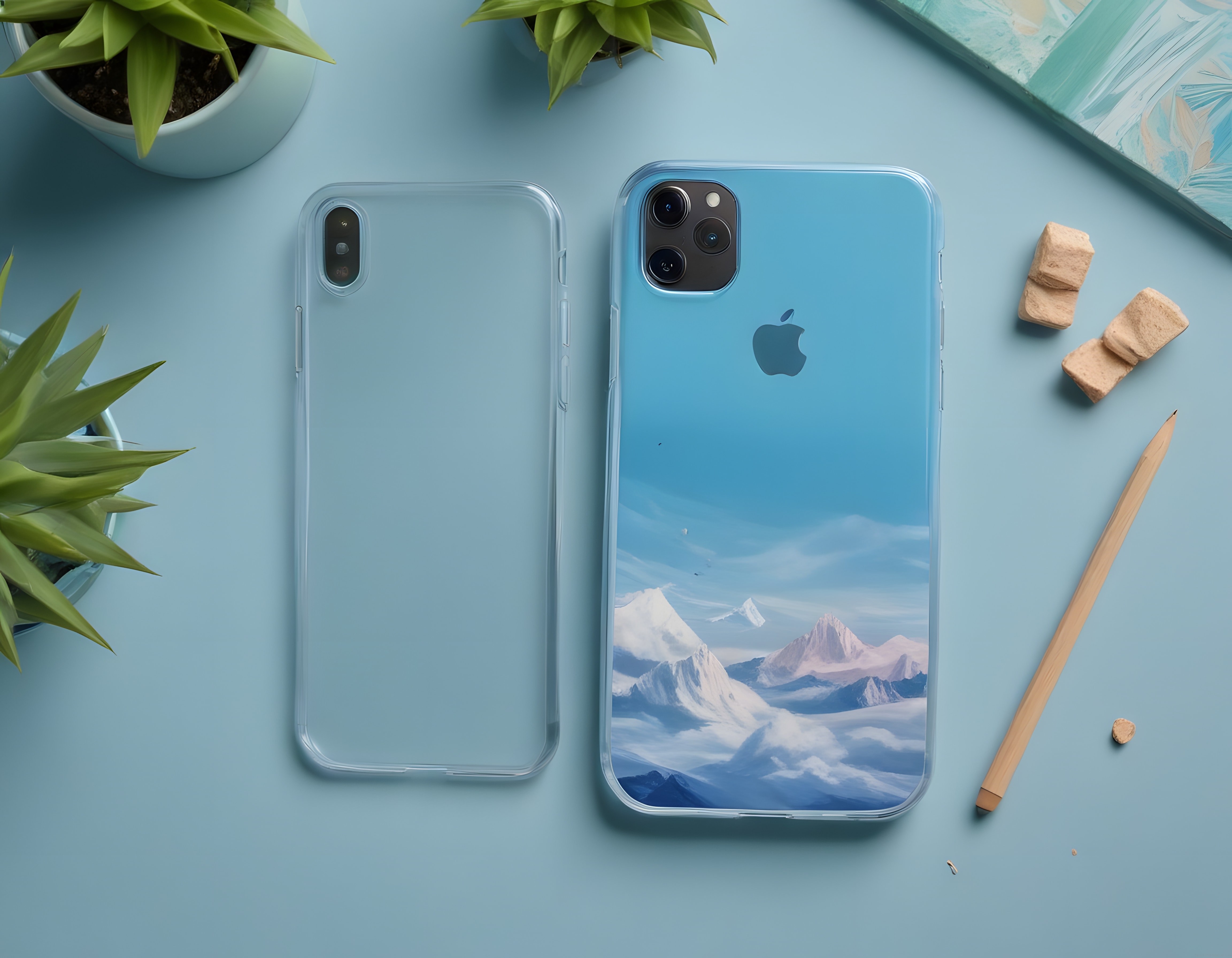Açık Mavi Arka Planda Karlı Dağ Baskılı iPhone Kılıfı Düz Çekim Ürün Fotoğrafı