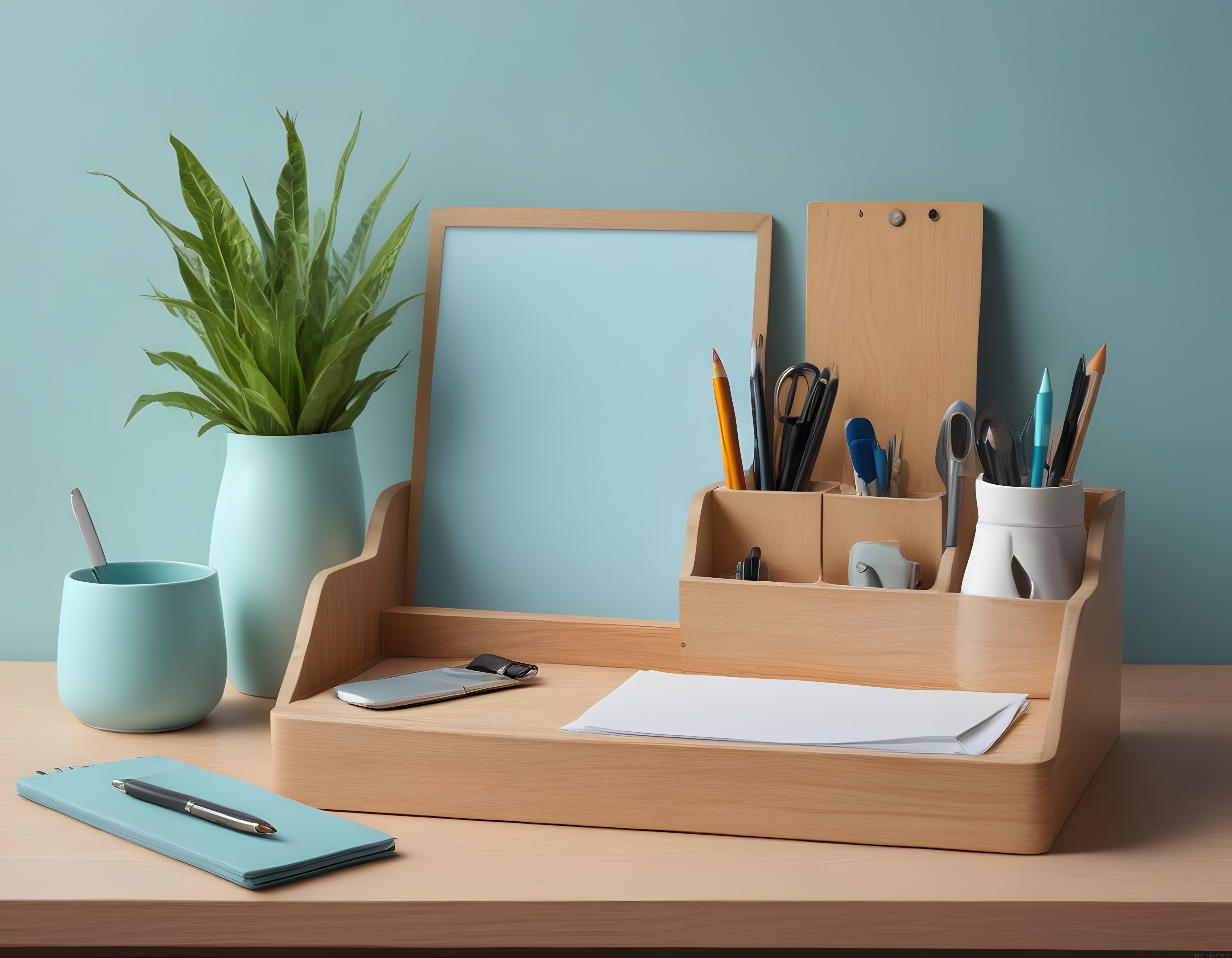 Açık Mavi Duvarlı Çalışma Masasında Minimalist Ahşap Düzenleyici ve Dekor