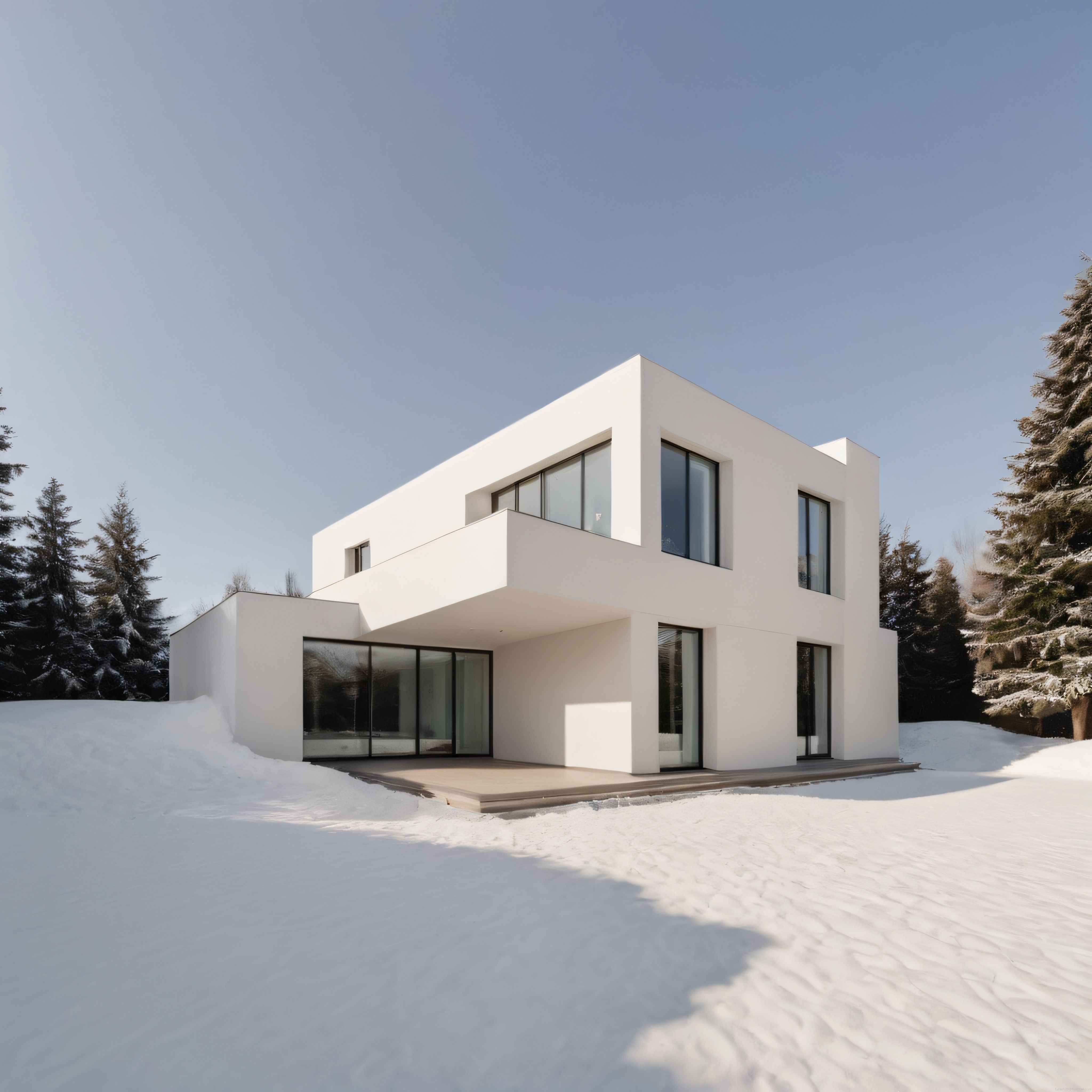 Açık Mavi Gökyüzü Altında Karlı Ormanda Modern Minimalist Beyaz Villa