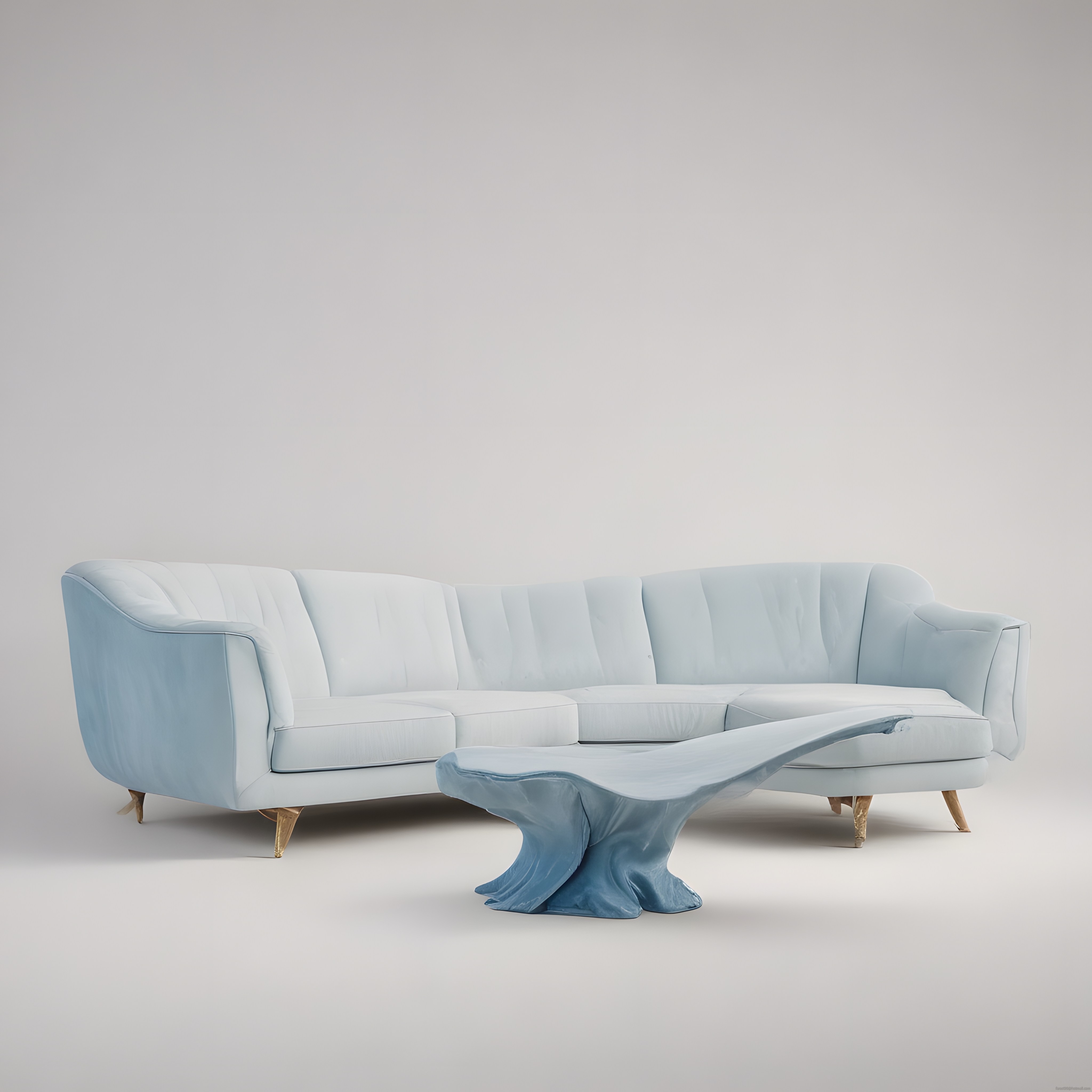 Açık Mavi Modern Köşe Koltuk ve Organik Formlu Sehpa ile Minimalist Salon Dekoru