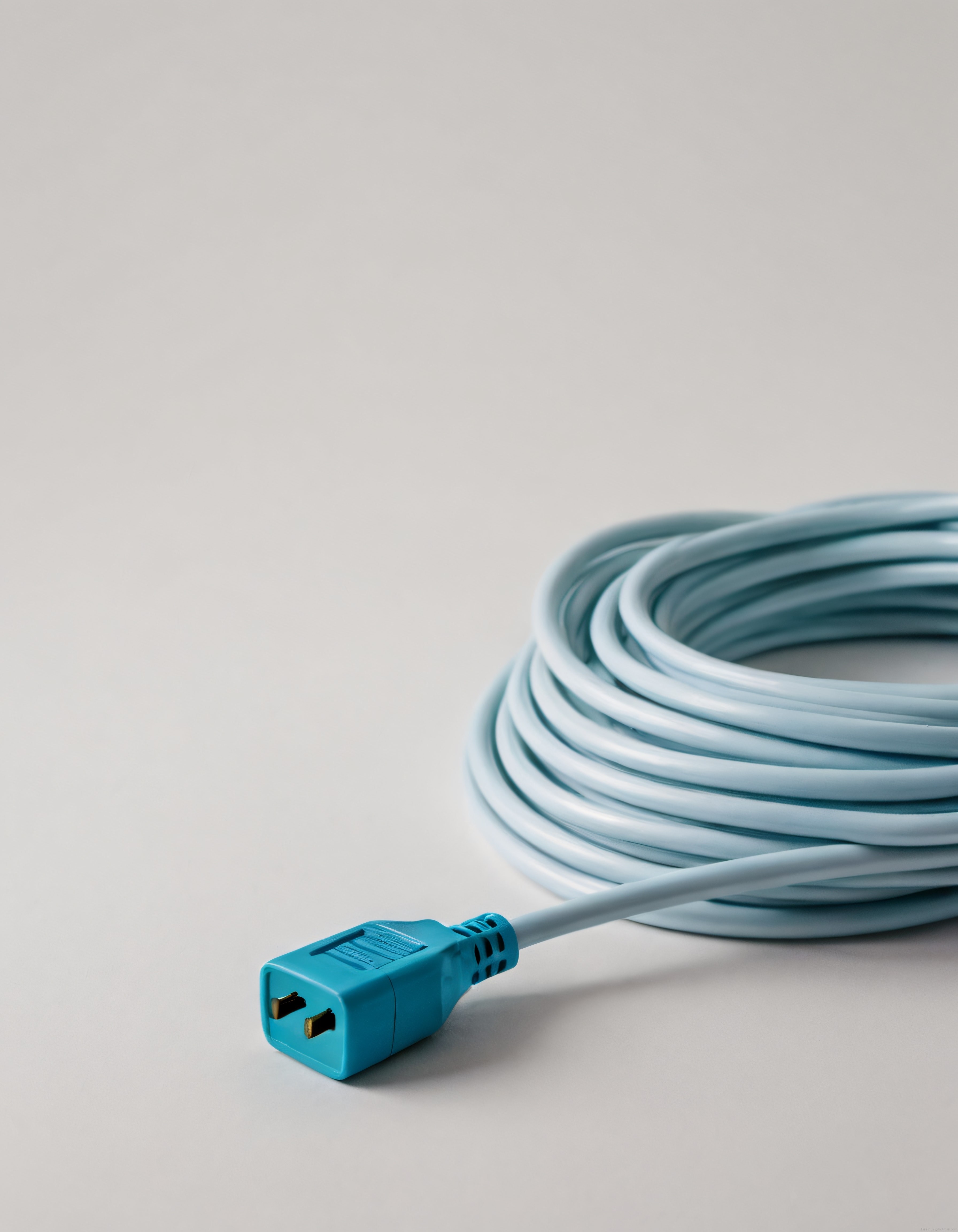 Açık mavi renkte bobin halde sarılmış ethernet kablosu ve RJ45 konnektör görseli