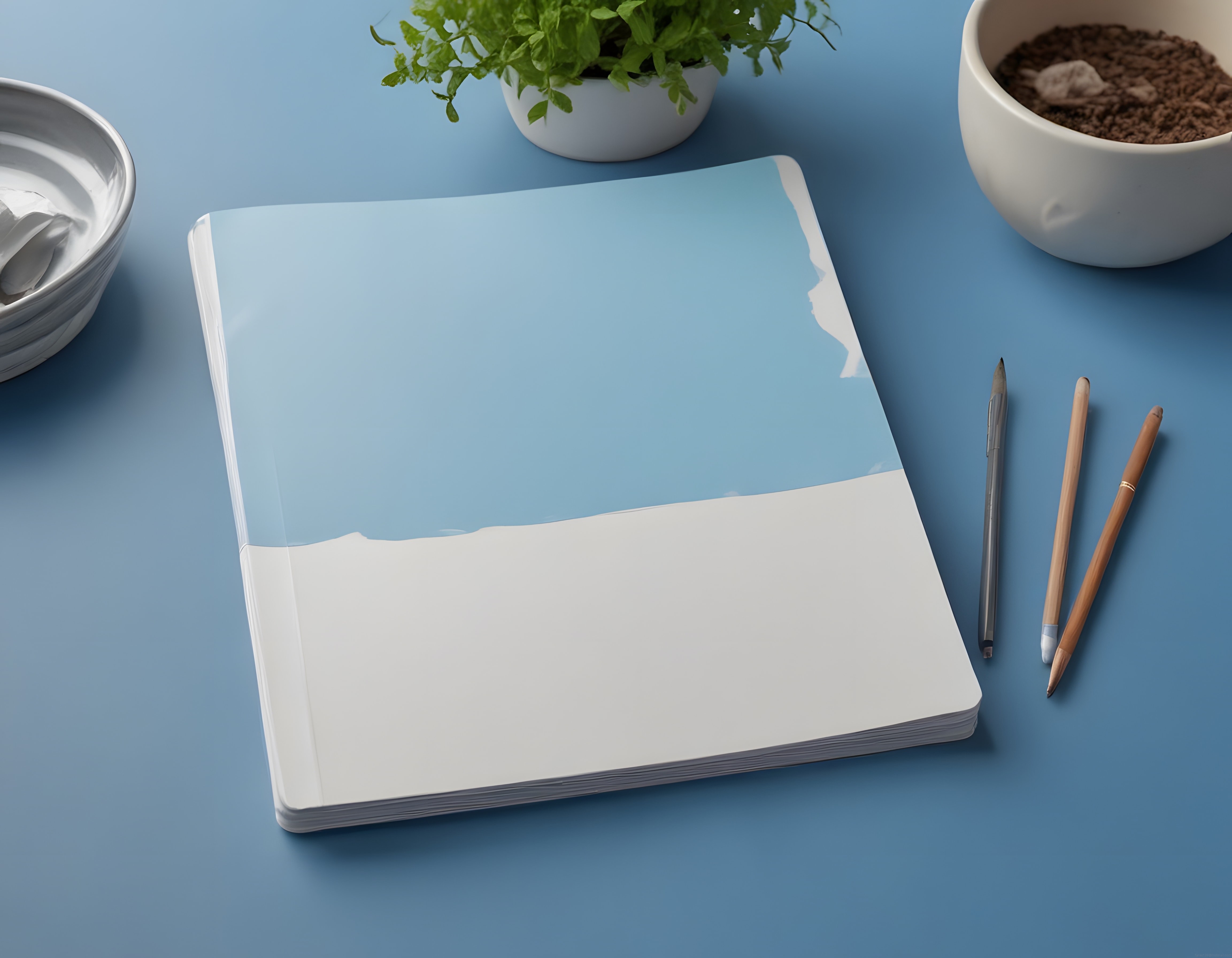 Açık Mavi Zeminde Minimalist Ajanda ve Kalem Düzeni ile Sade Çalışma Masası