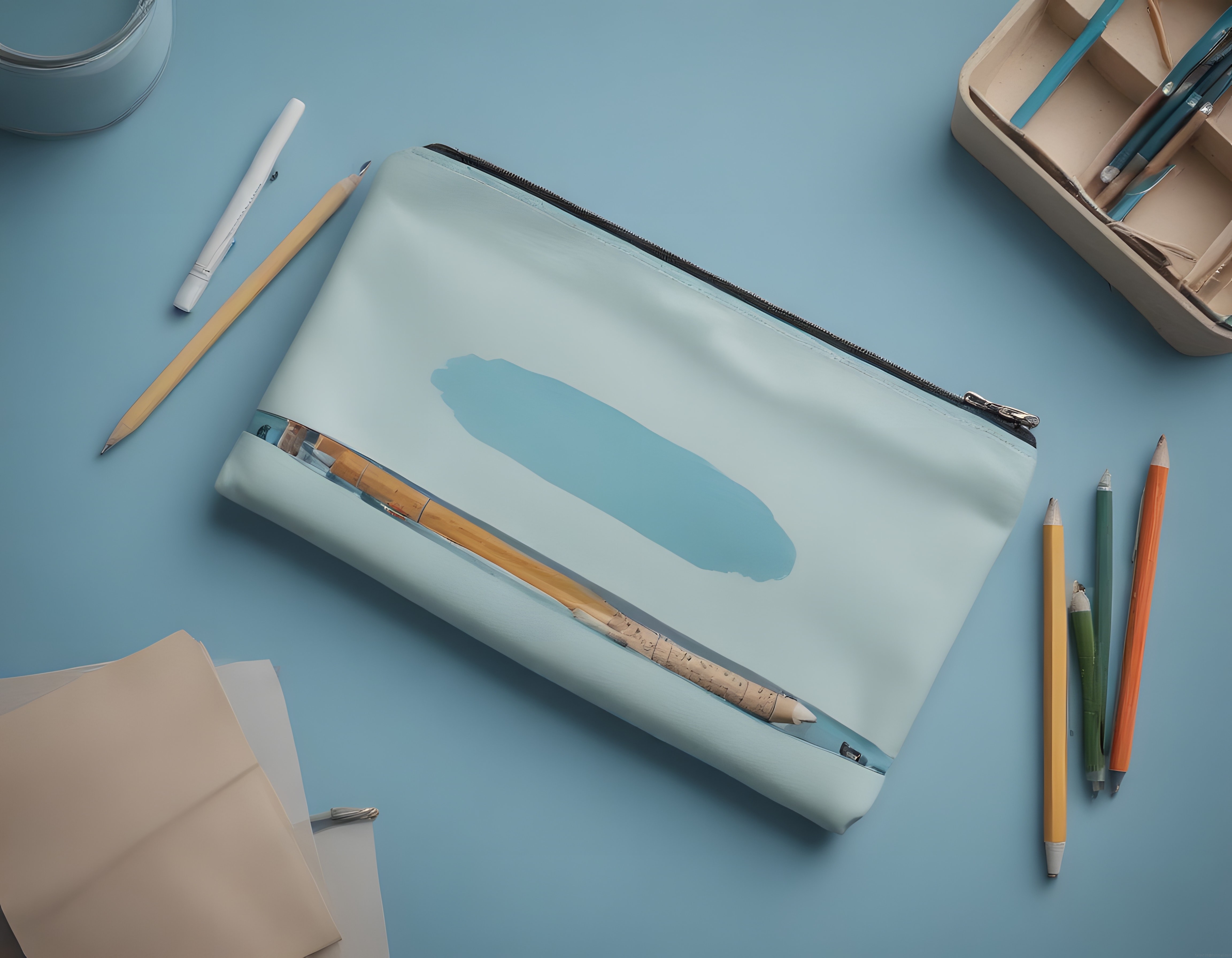 Açık Mavi Zeminde Pastel Renkli Kalemlik ve Sanat Malzemeleri Düzenlemesi