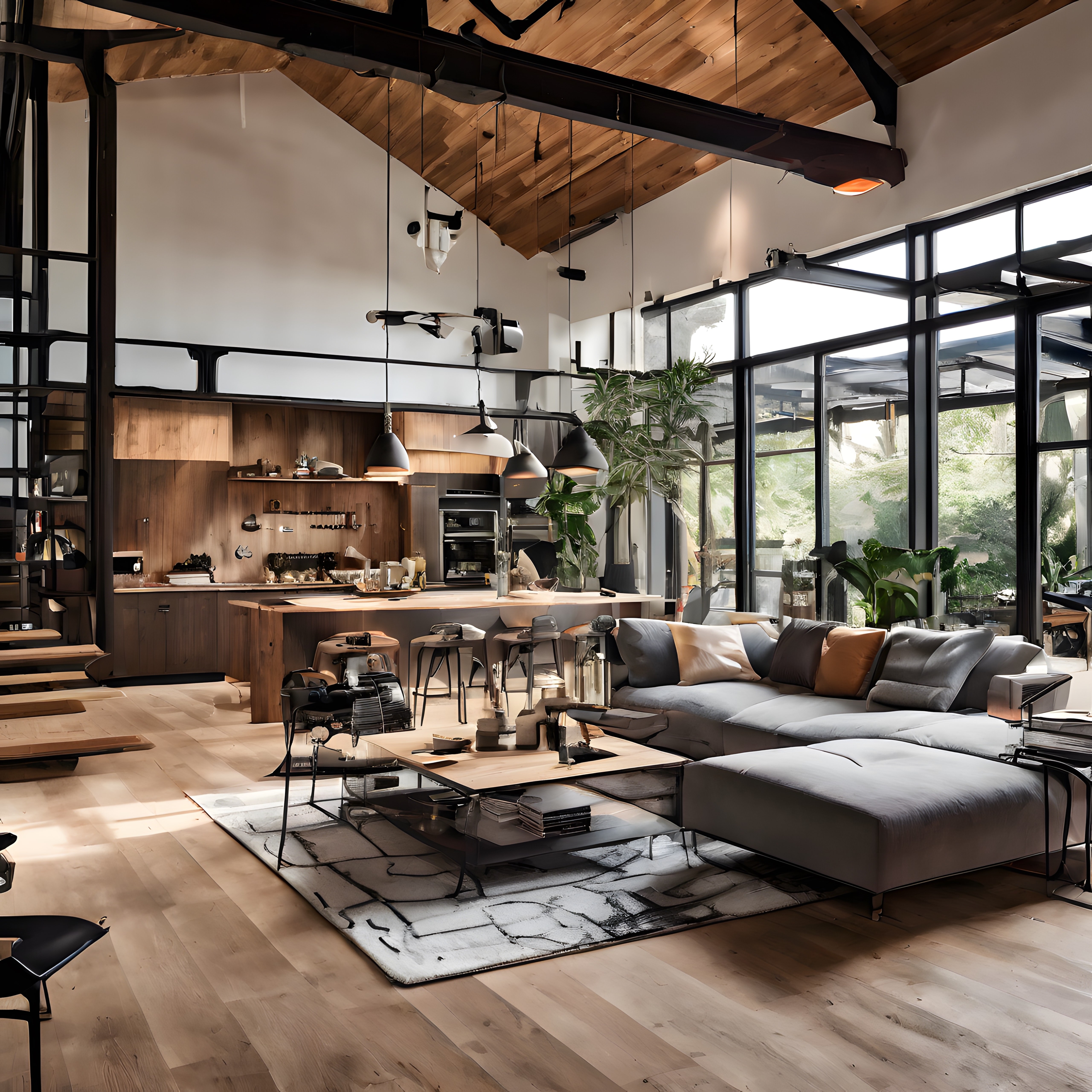 Açık Planlı Lüks Loft: Endüstriyel Tasarım ve Doğal Ahşap Detaylarla Modern Yaşam
