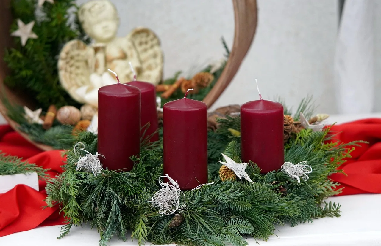 Advent çelengi ve çam ağaçları - kış teması
