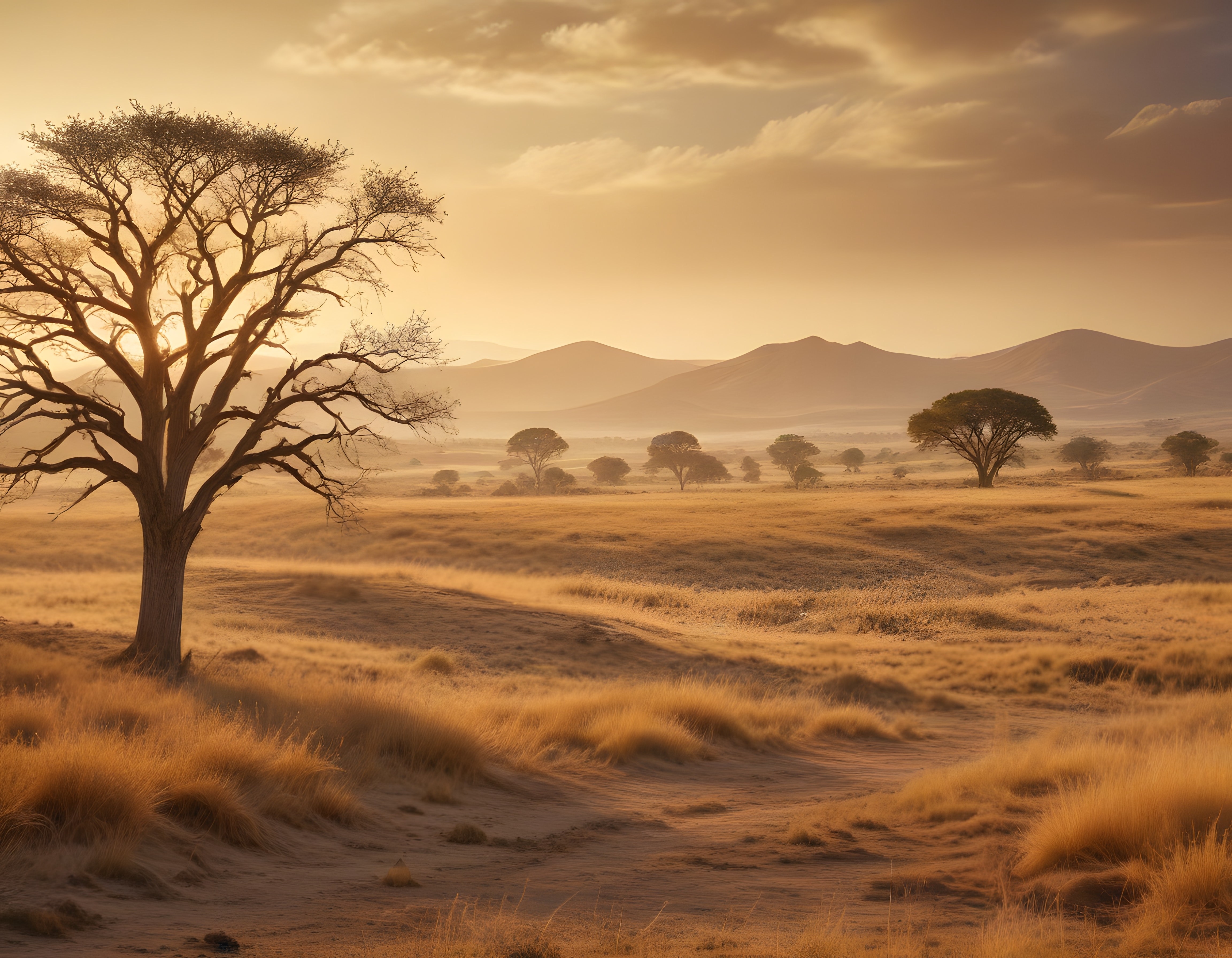 Afrika Savanasında Altın Saatte Akasya Ağaçları ve Dağ Manzarası