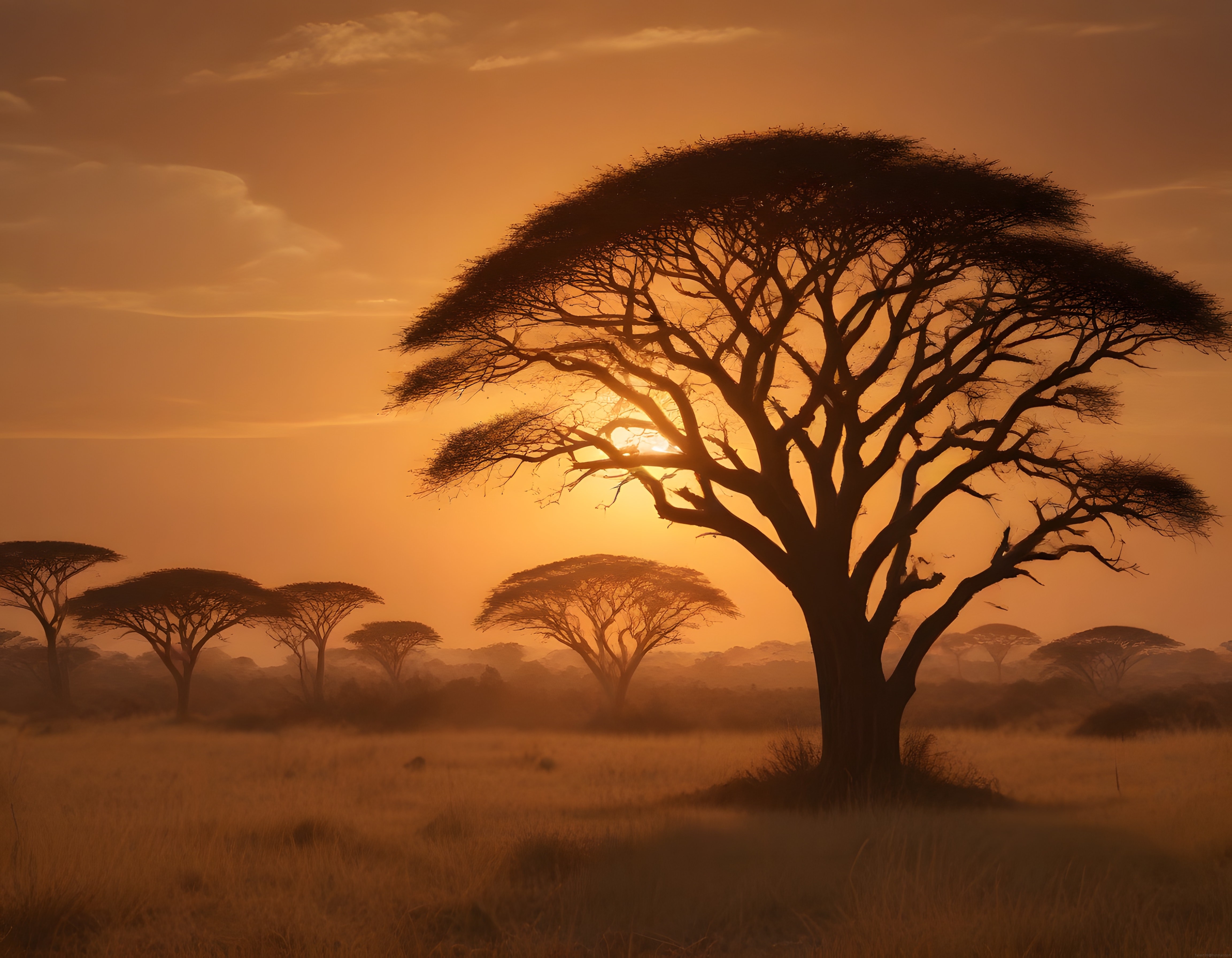 Afrika Savanasında Altın Saatte Akasya Ağaçlarının Büyüleyici Silueti