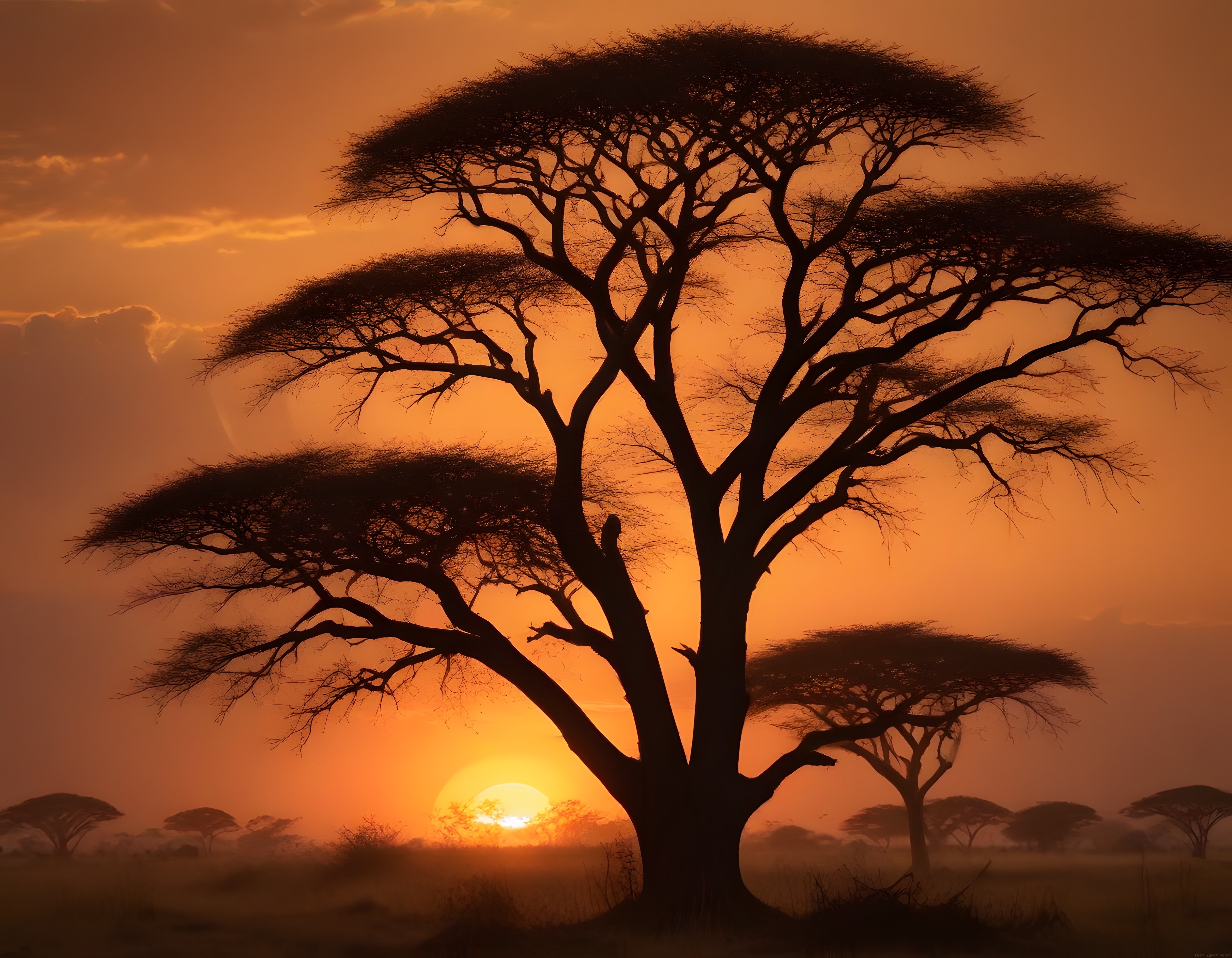 Afrika Savanasında Büyüleyici Gün Batımı ve Akasya Siluetleri