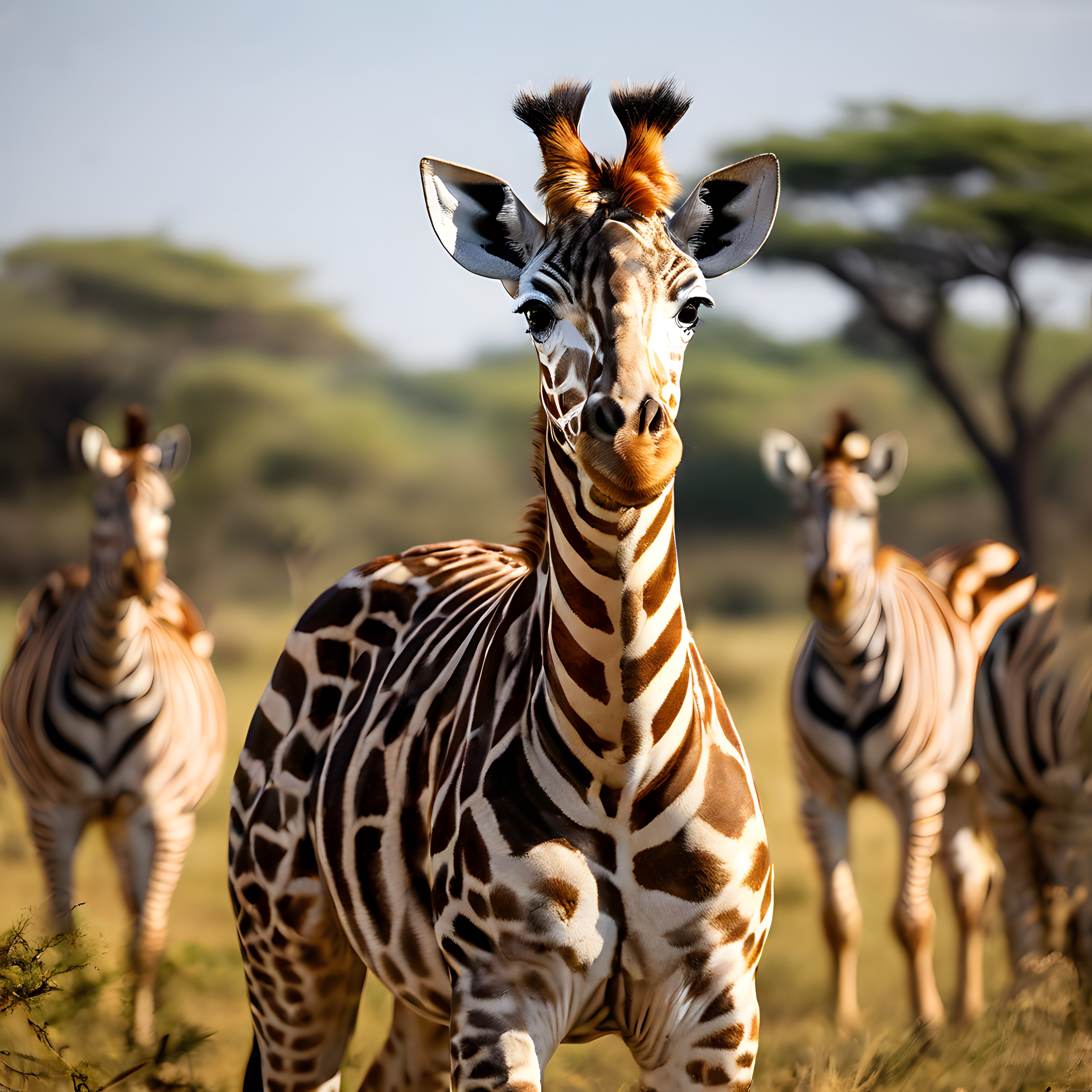 Afrika savanasında zebra desenli uzun boyunlu hibrit hayvan portresi