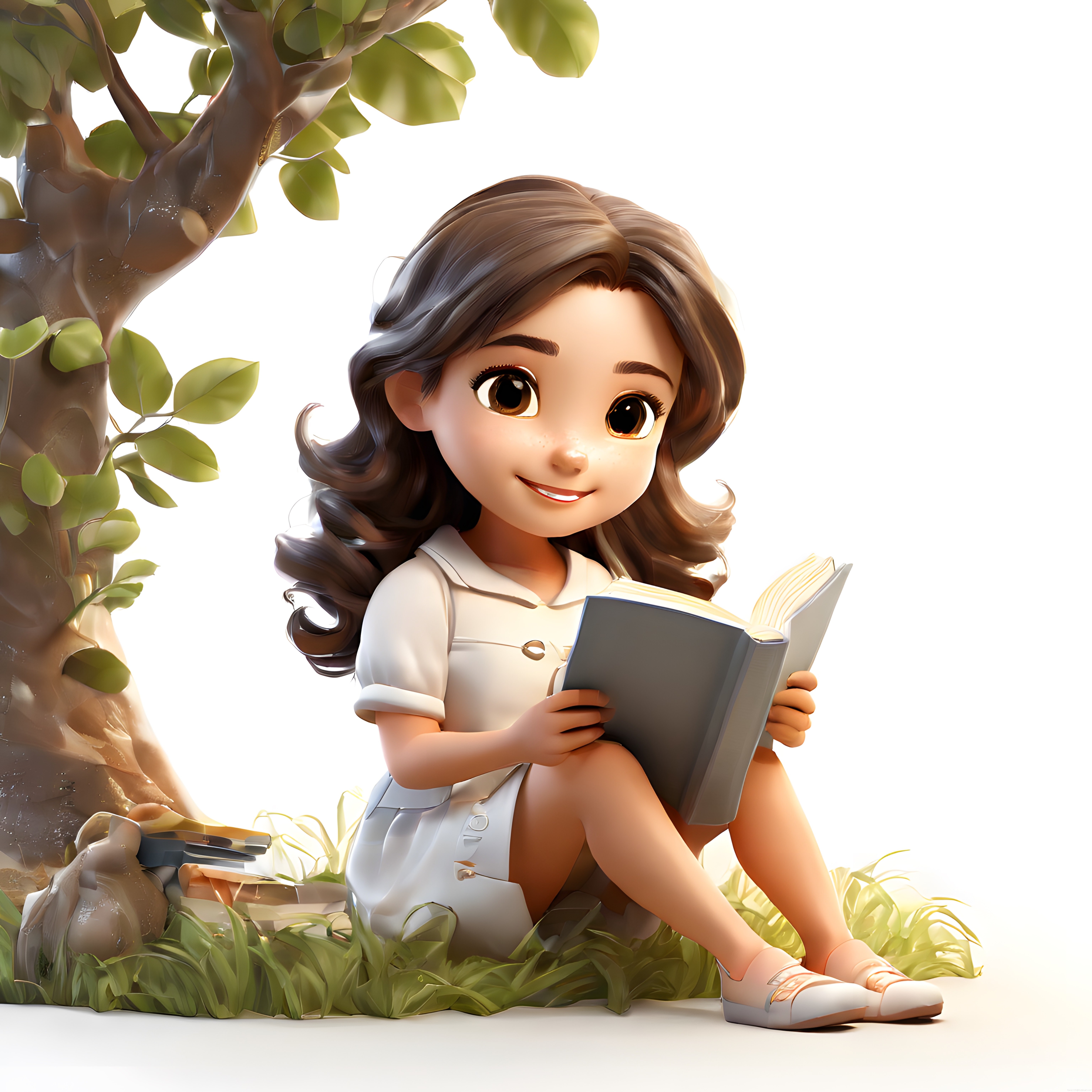 Ağaç Altında Kitap Okuyan Sevimli Küçük Kız Çocuğu 3D Animasyon İllüstrasyonu