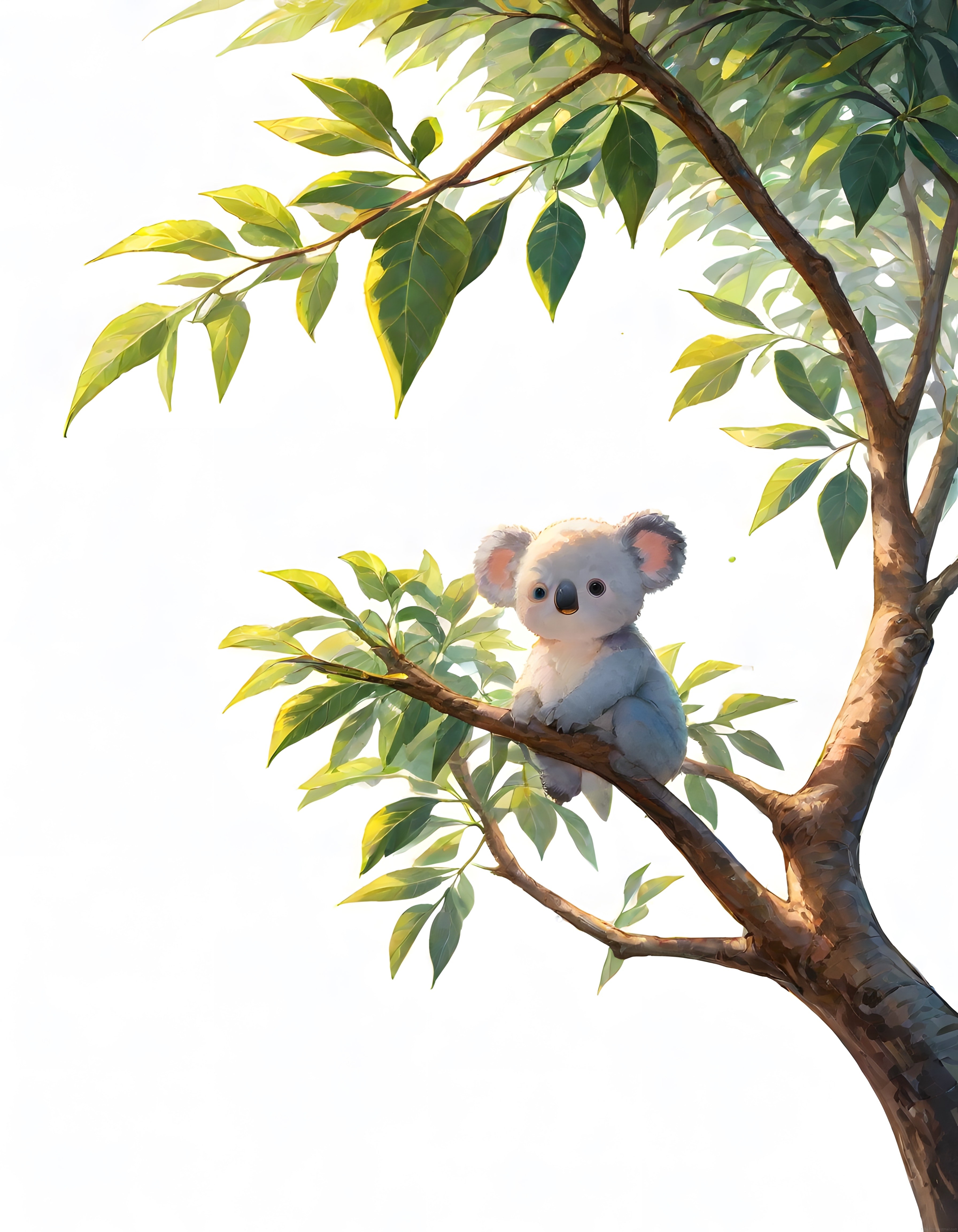 Ağaç dalında oturan sevimli koala yavrusu dijital illüstrasyon sanatı