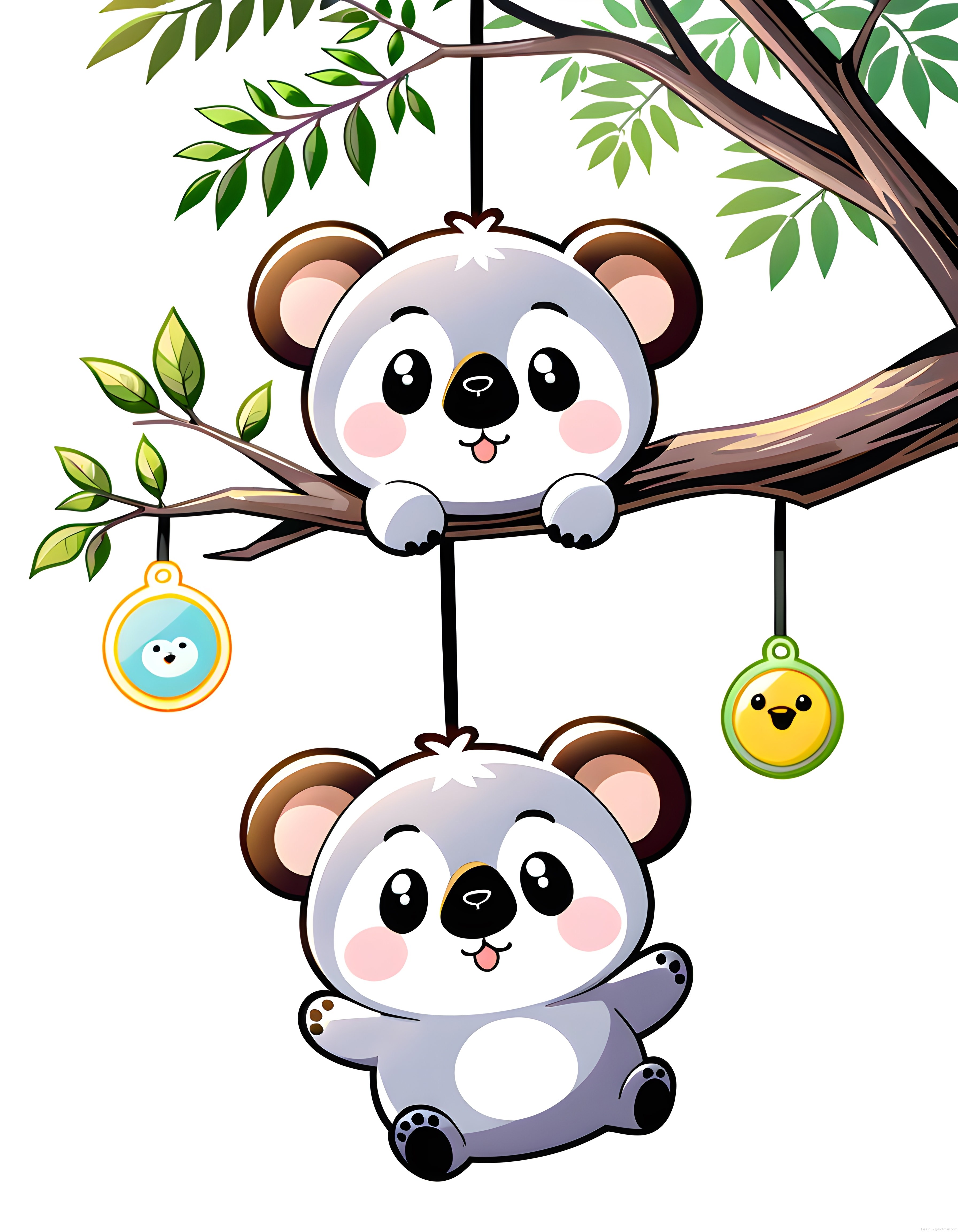 Ağaç Dalında Sallanan Sevimli Koala Kardeşler Renkli Vektör Çizim
