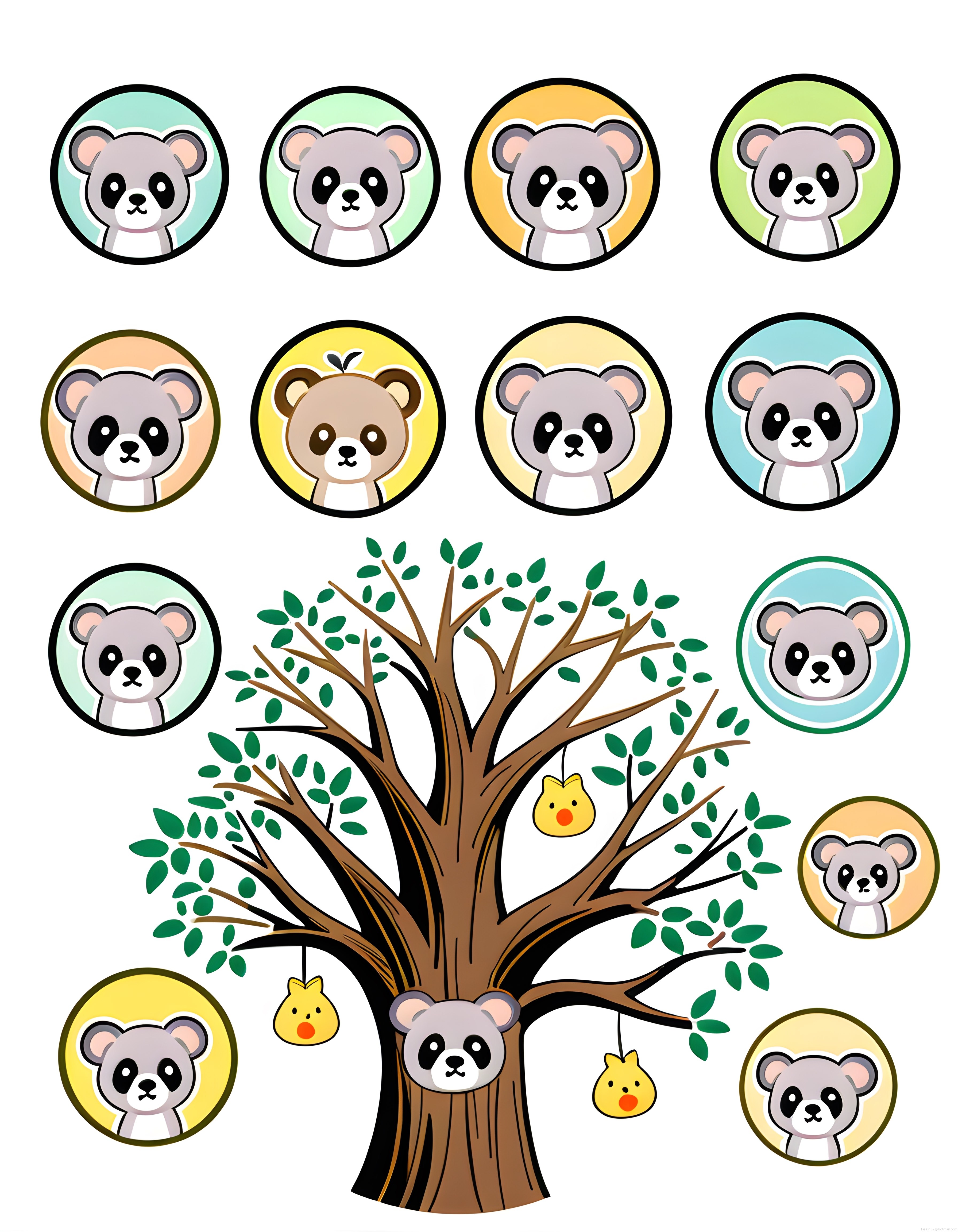 Ağaç Etrafında Sevimli Panda ve Ayı Karakterlerinden Oluşan Renkli Çizim Seti