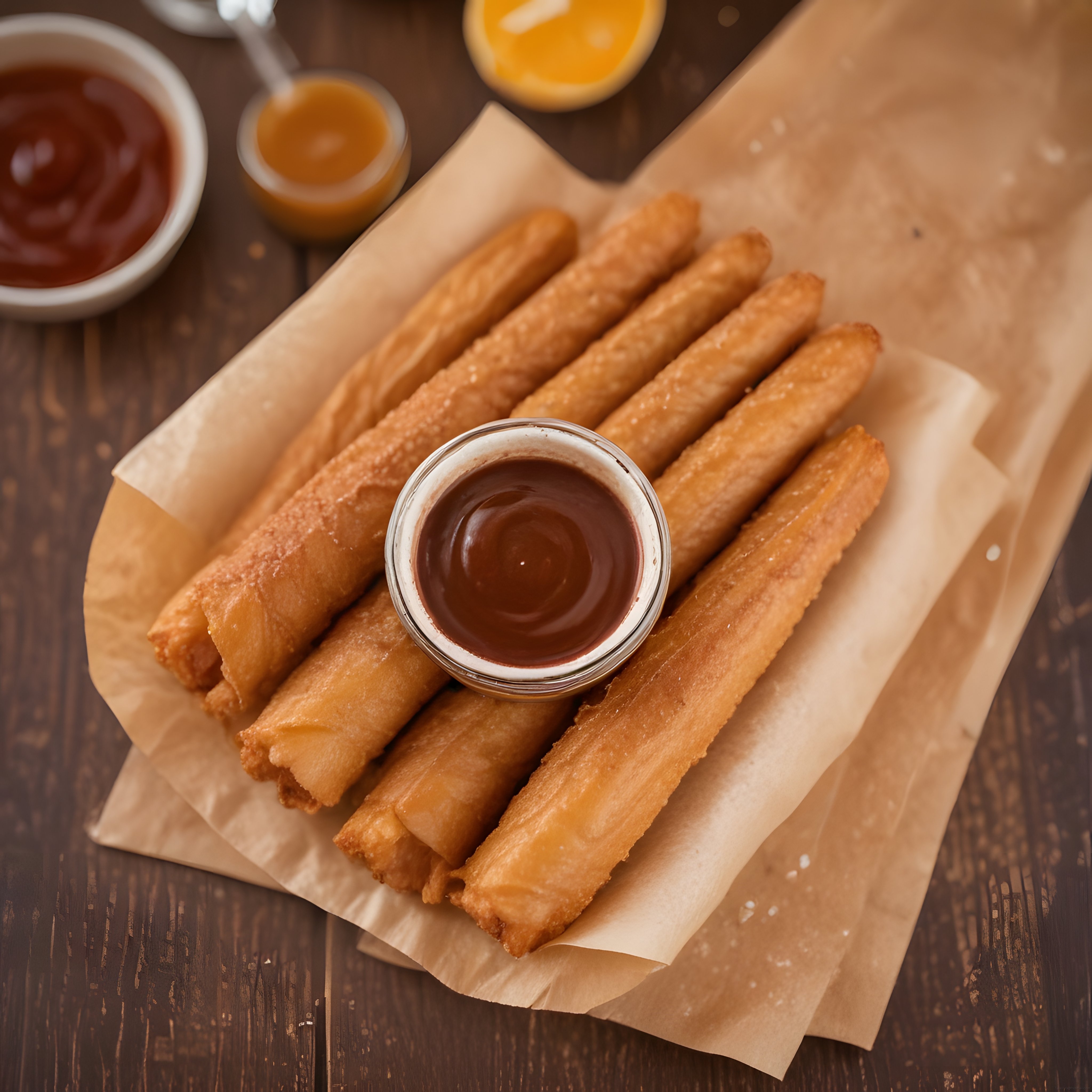 Ağaç kağıdında servis edilmiş çıtır churros ve çikolata sosu