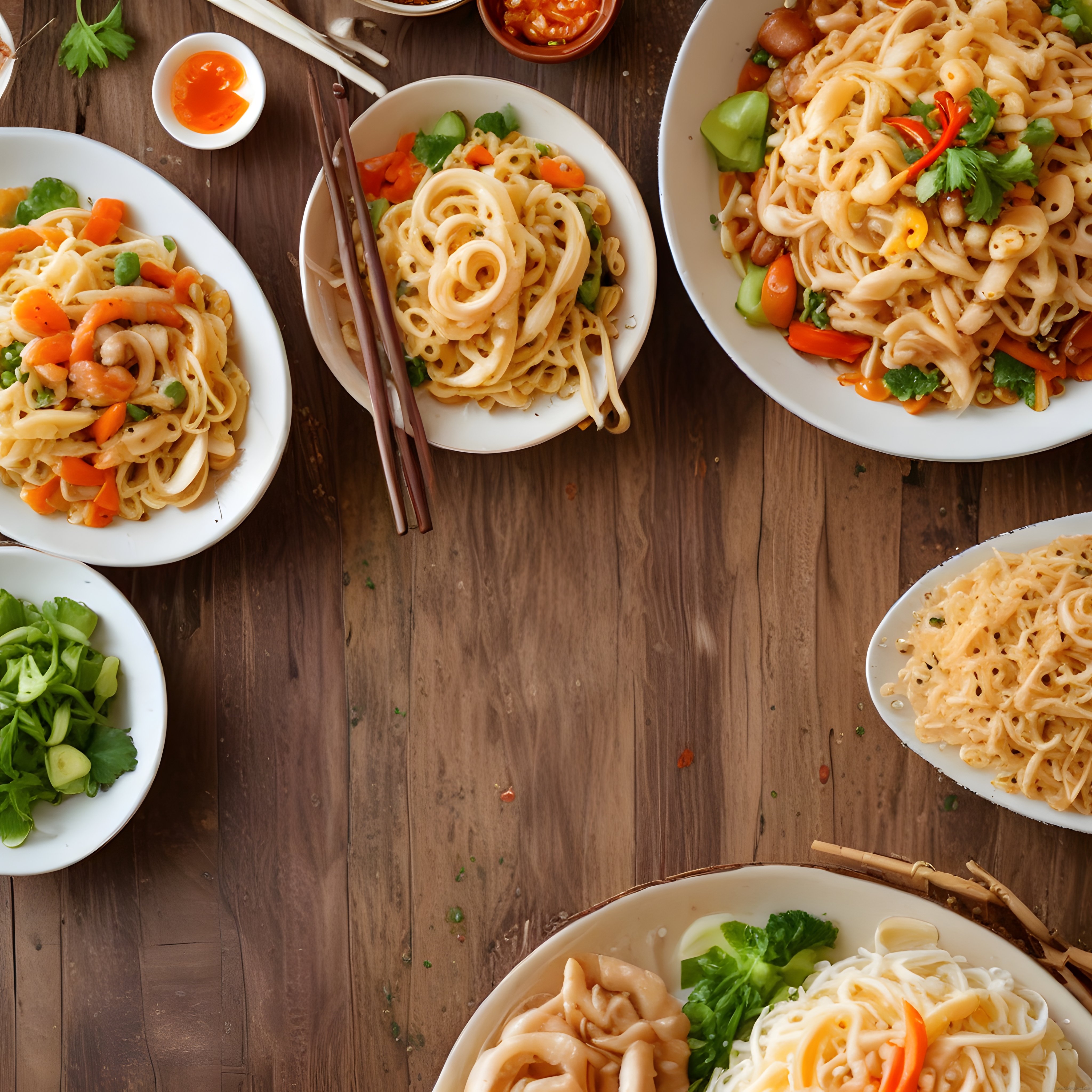 Ağaç masada sebzeli erişte ve asya noodle çeşitleri üstten görünüm