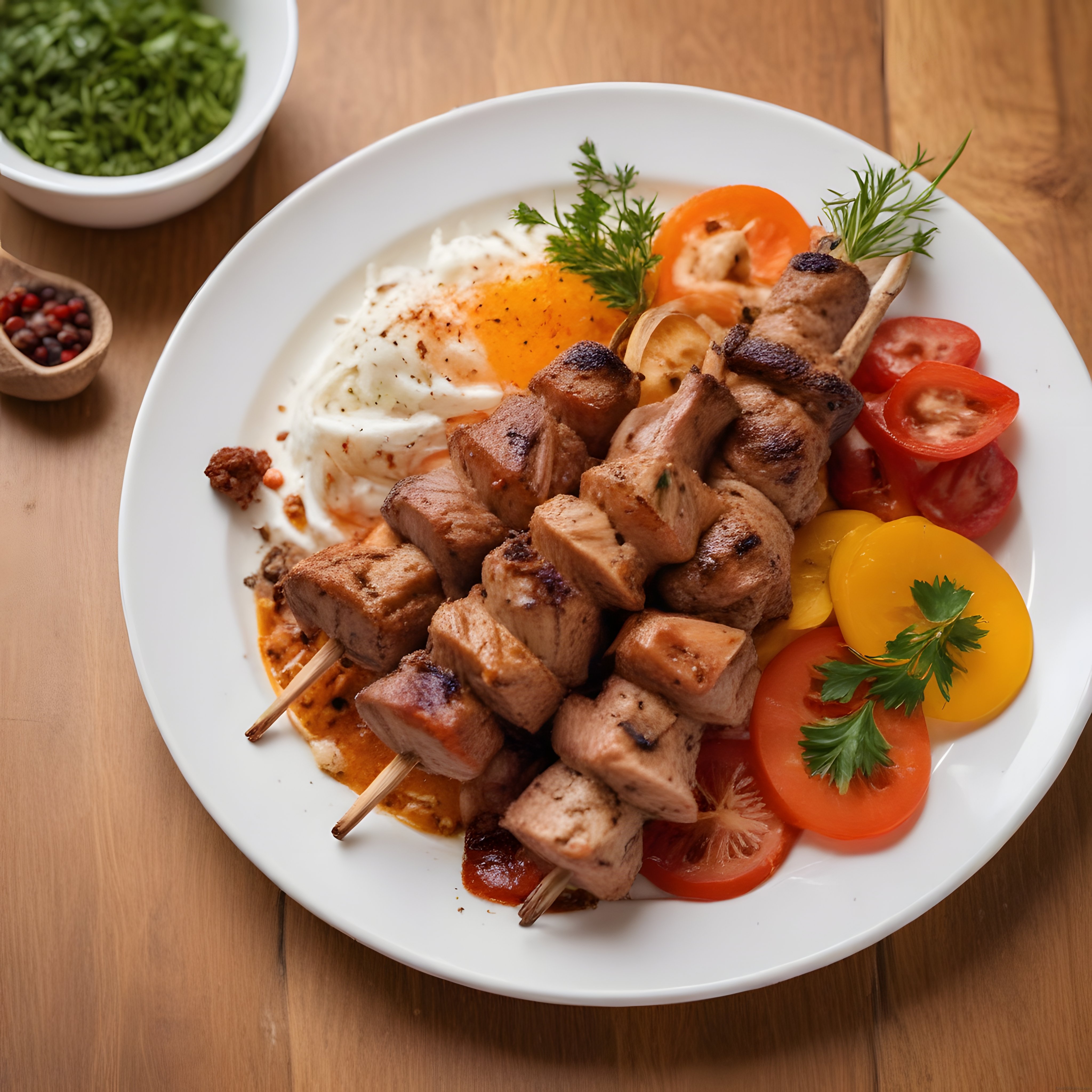 Ağaç Masada Şiş Kebap ve Yumurtalı Taze Domatesli Kahvaltı Tabağı Sunumu