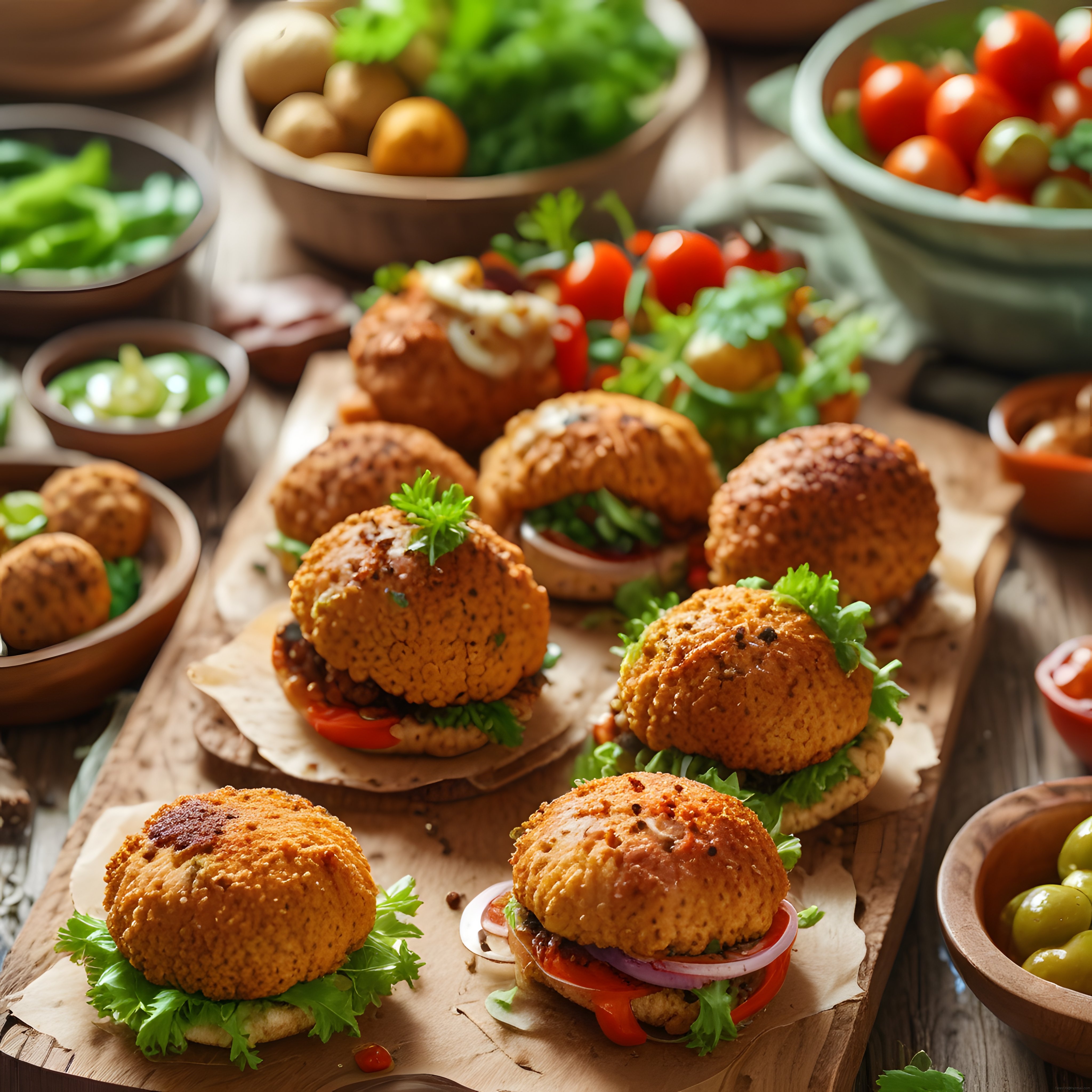 Ağaç Sunum Tahtası Üzerinde Mini Burgerler ve Taze Mevsim Sebzeleri