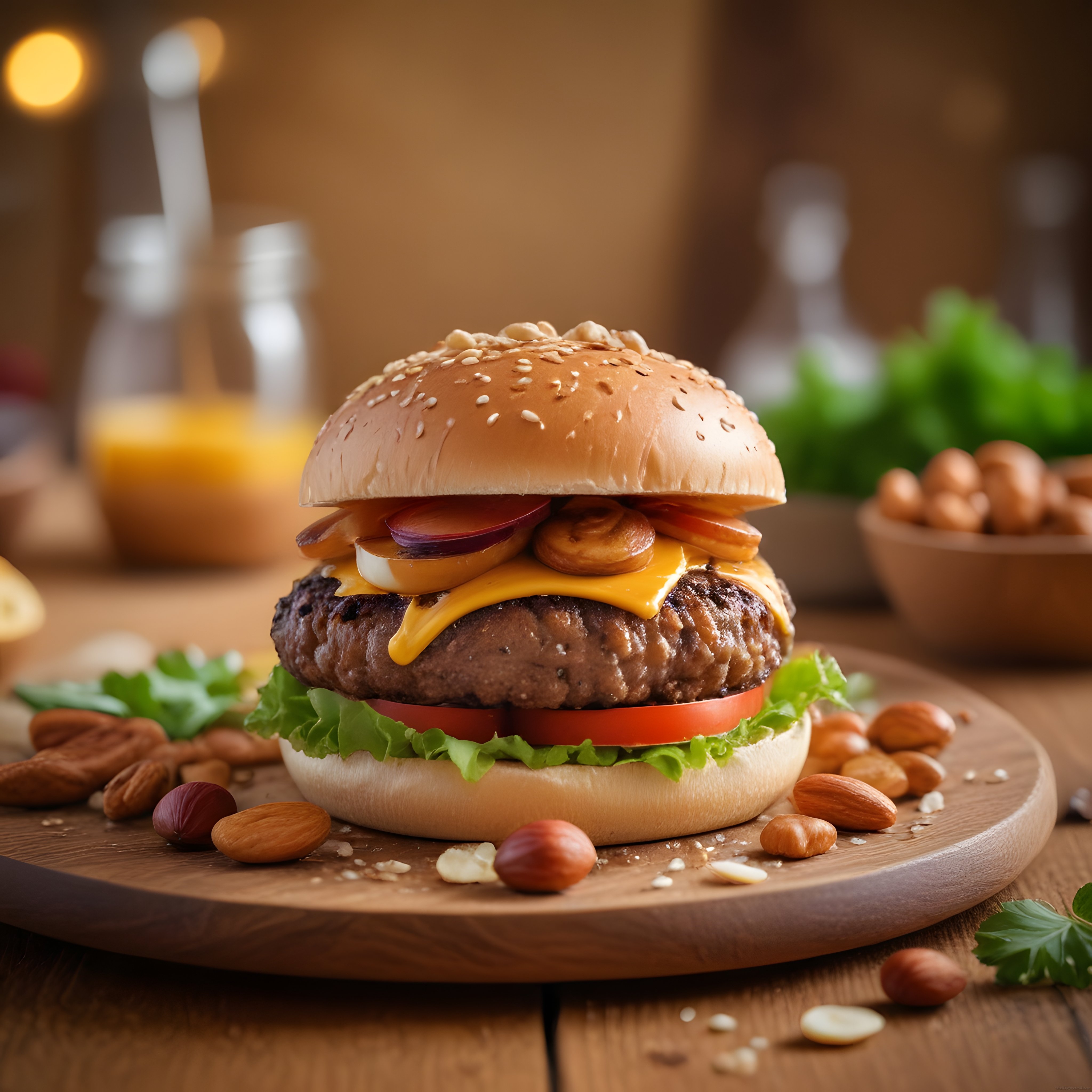 Ağaç sunum tahtası üzerinde nefis gourmet hamburger ve yemişli rustik sunum