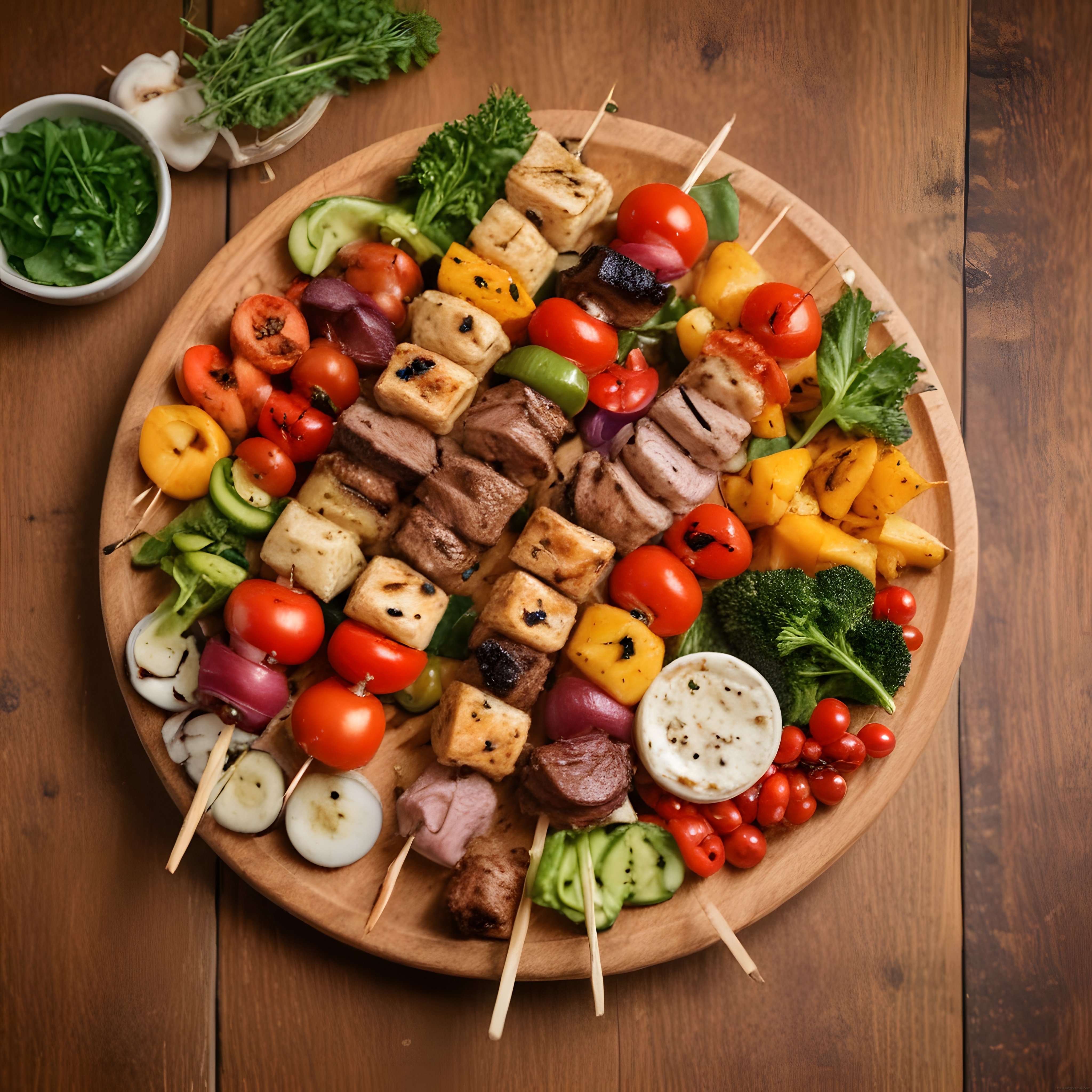 Ağaç sunum tahtası üzerinde renkli ızgara şiş kebap peynir ve taze sebzeler