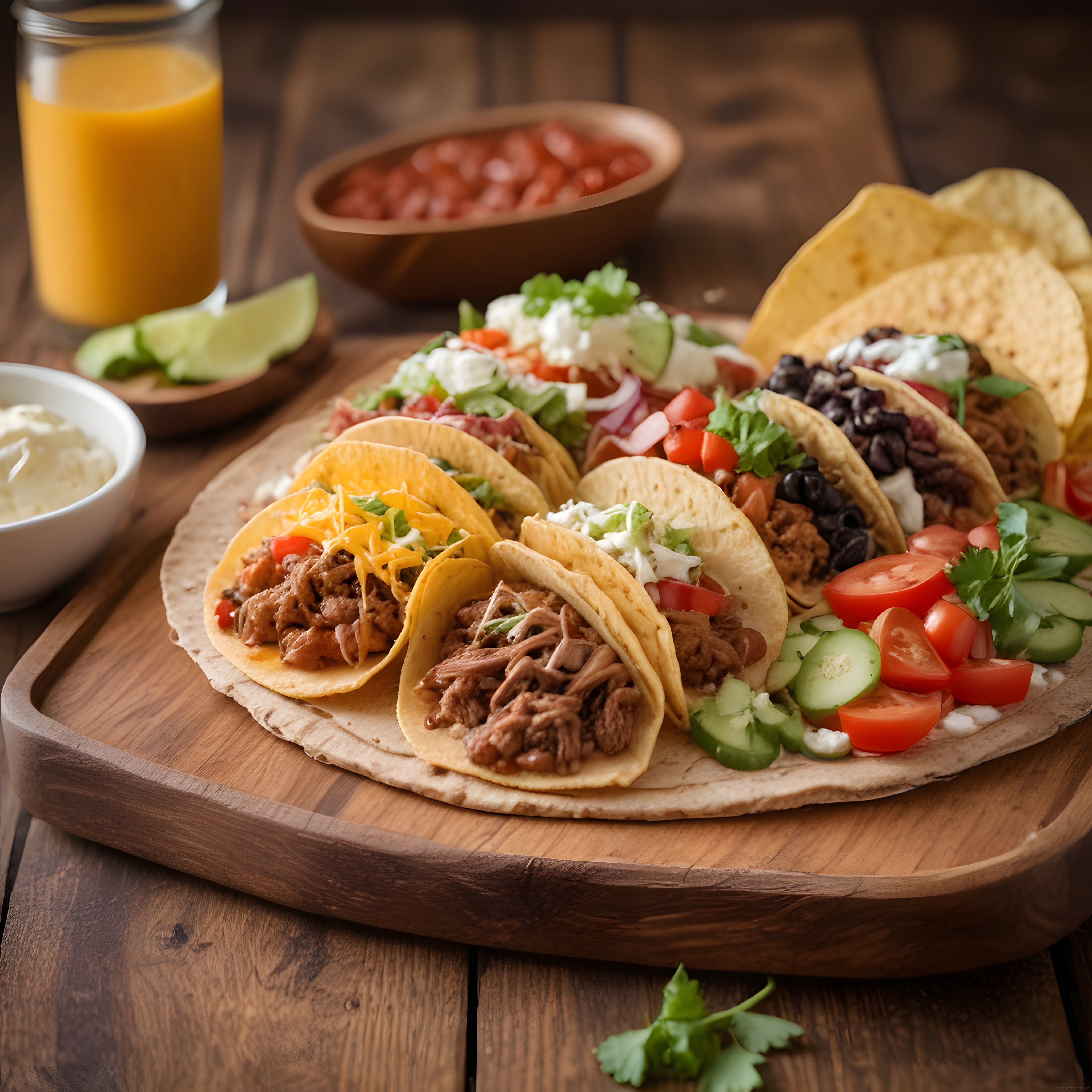 Ağaç sunum tahtasında çeşitli dolgularla hazırlanmış nefis taco ve cips menüsü