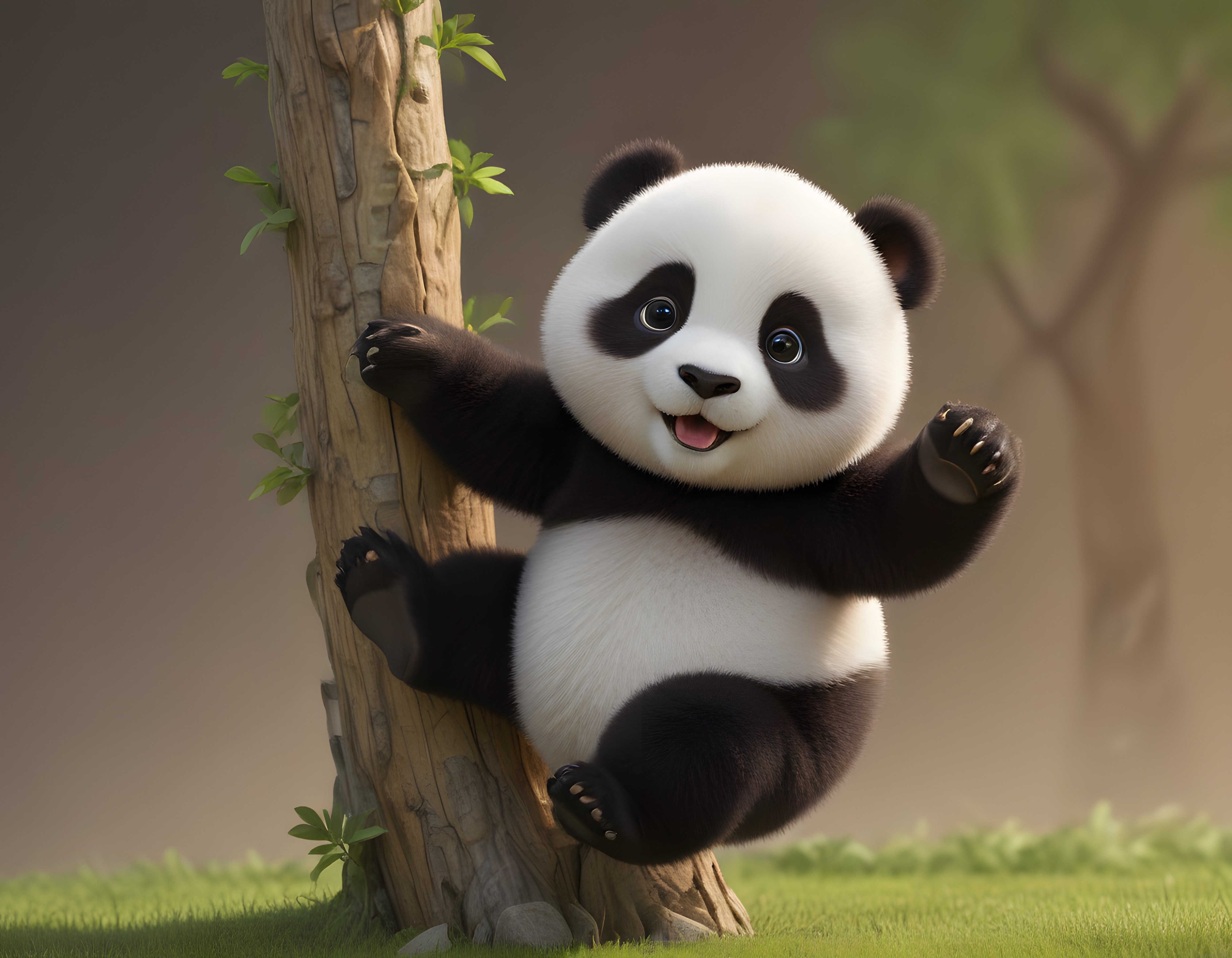 Ağaca tırmanan, gülümseyen sevimli bir bebek panda illüstrasyonu