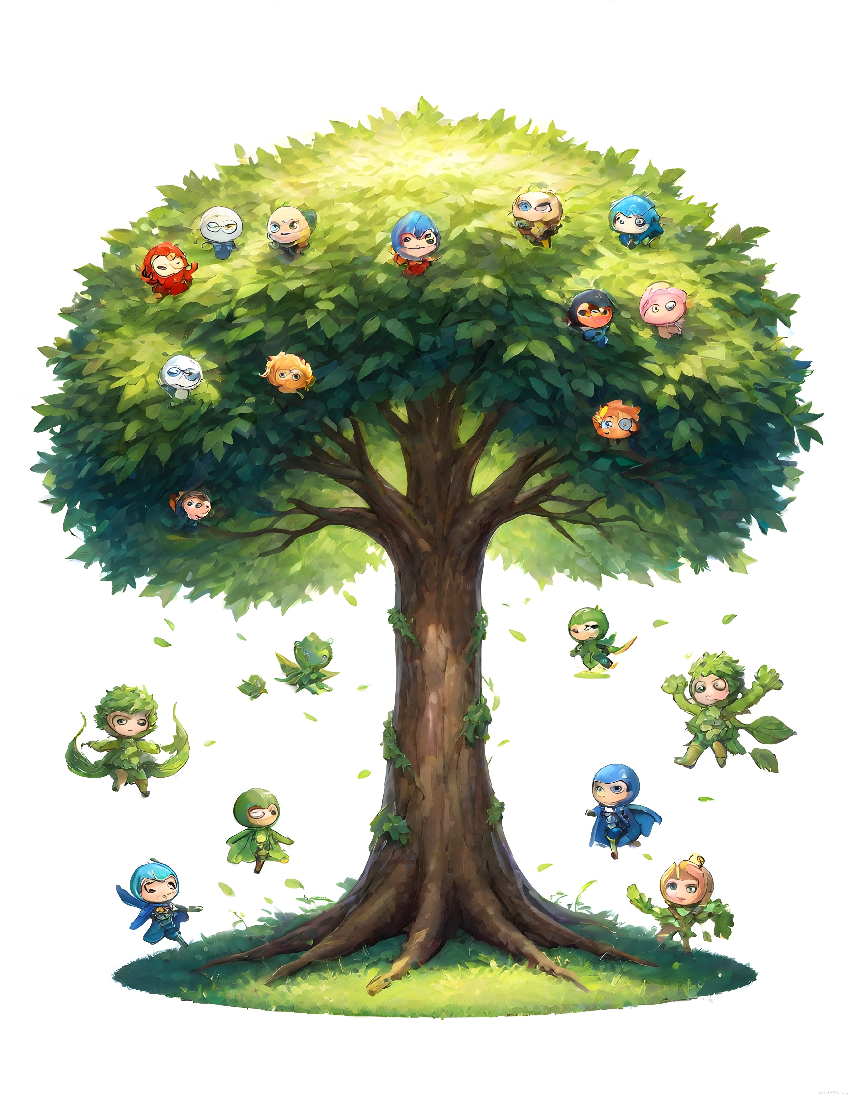 Ağacın dallarında saklanan ve uçan sevimli chibi kahramanların renkli dünyası