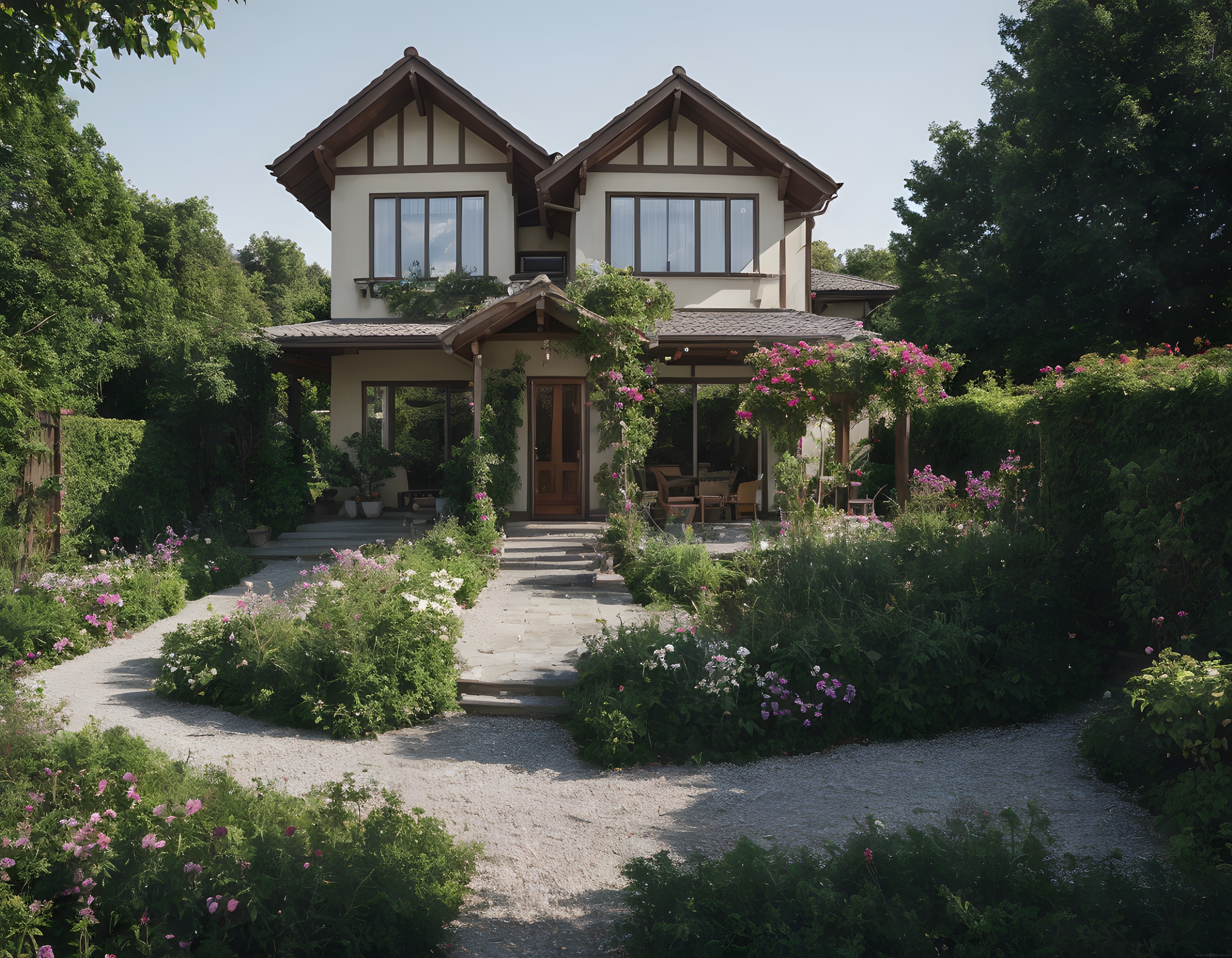 Ağaçlar ve Çiçeklerle Çevrili Masalsı Tudor Stili Kır Evi ve Bahçesi