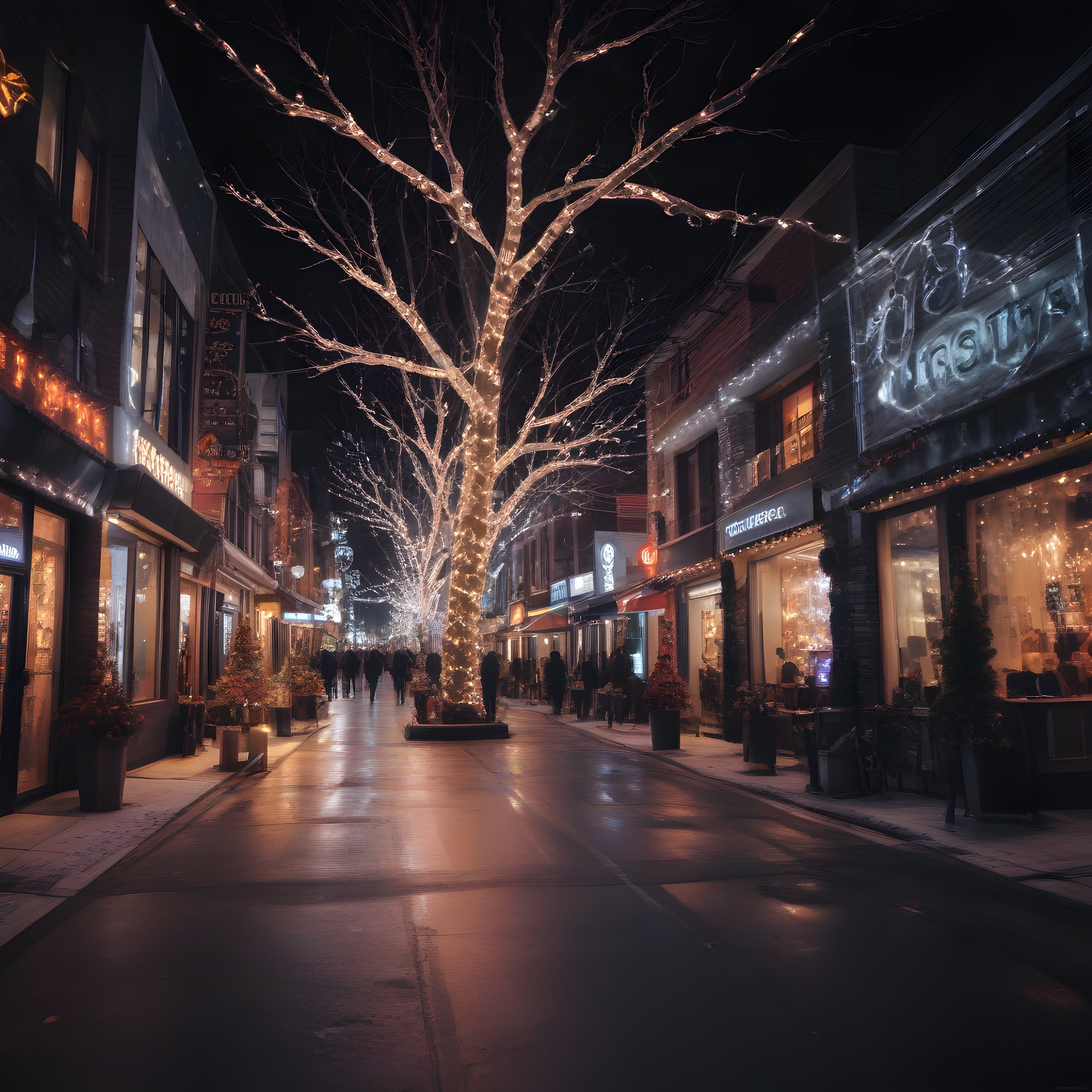 Ağaçları Işıklandırılmış Mağazaların Sıralandığı Sessiz Gece Caddesi