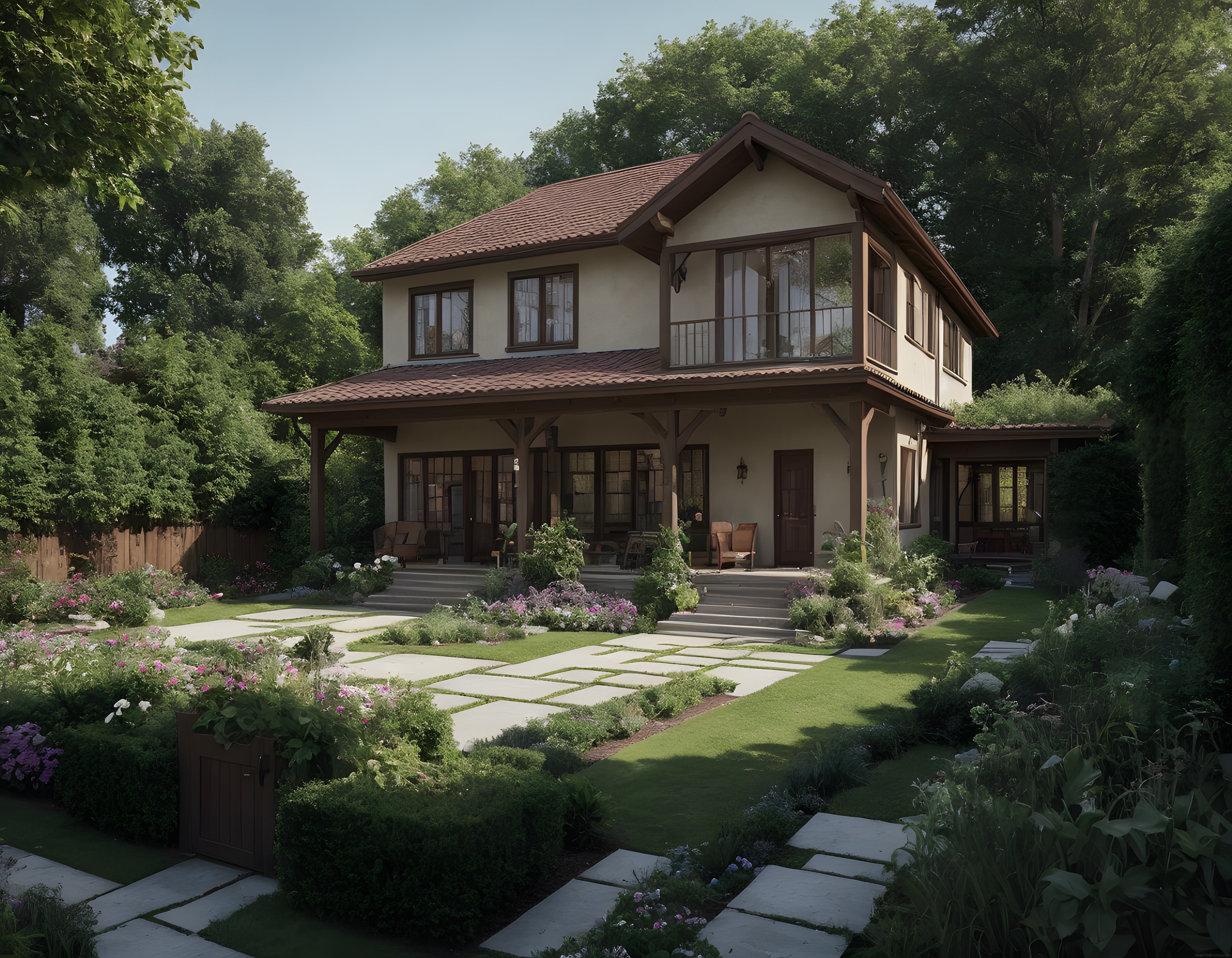 Ağaçların Arasında Saklı Geniş Camlı İki Katlı Kır Evi ve Çiçekli Bahçe