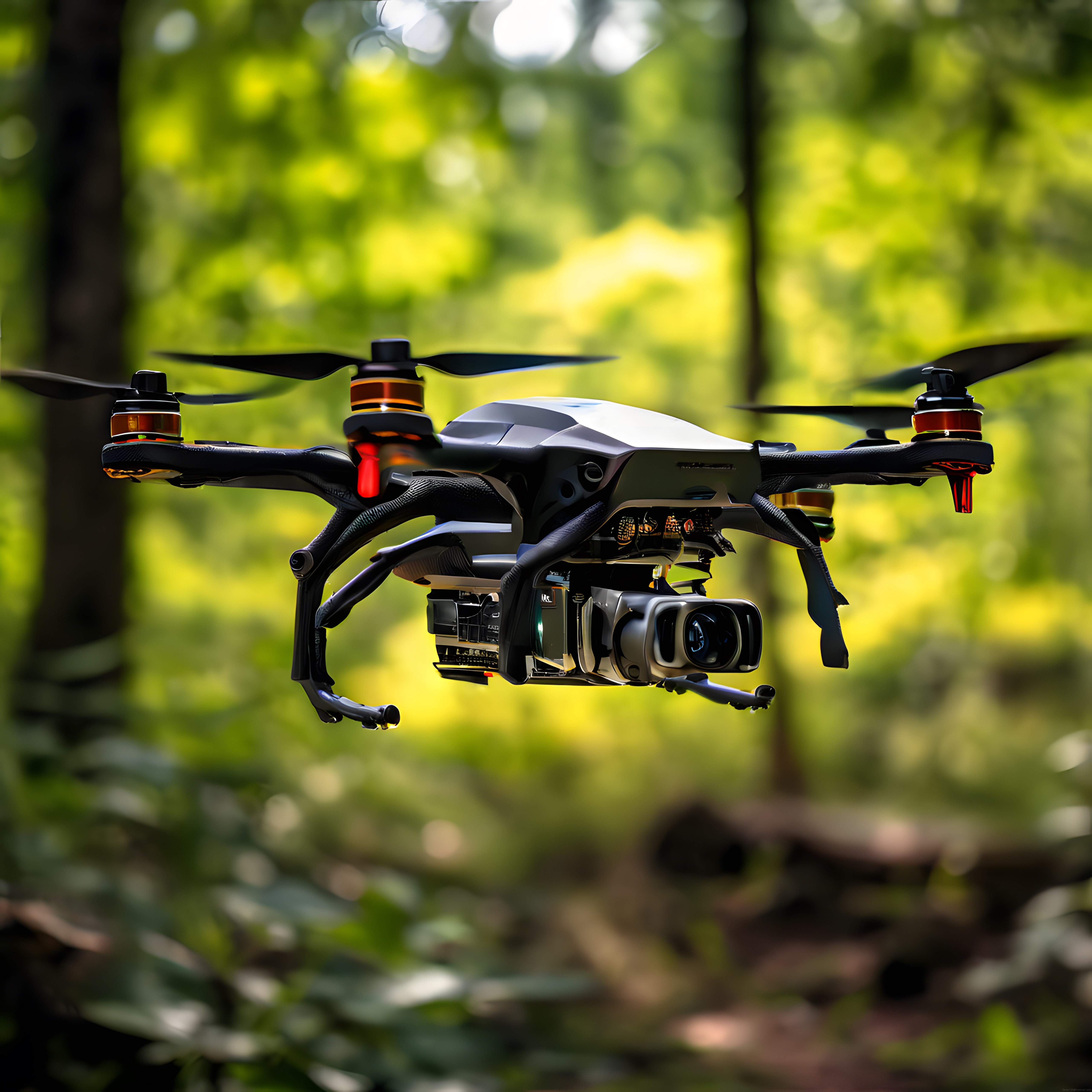 ağaçların arasında süzülen profesyonel kamera drone'u ve görüntüleme sistemi