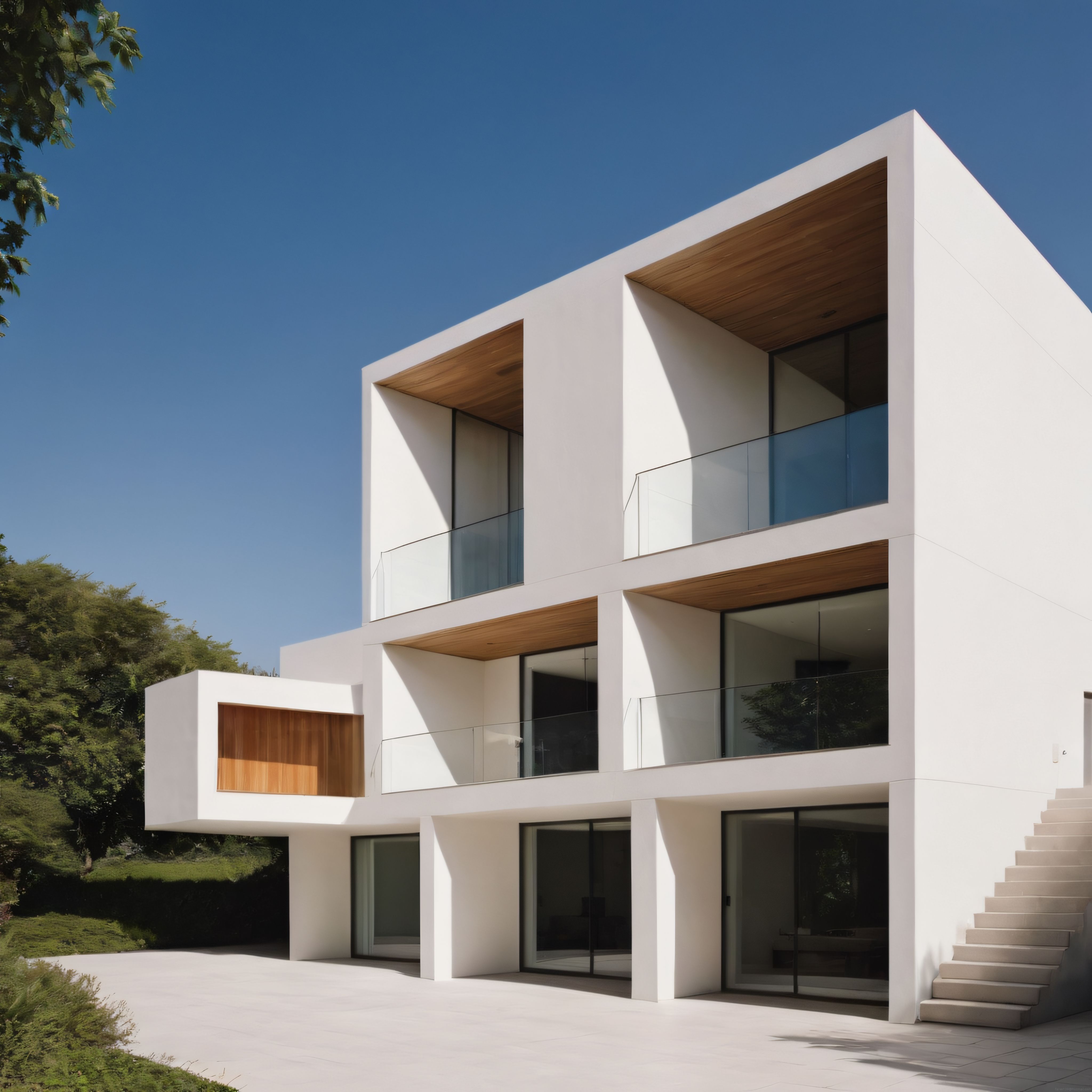 Ağaçlarla Çevrili Beyaz Minimalist Villa ve Modern Mimari Detaylar