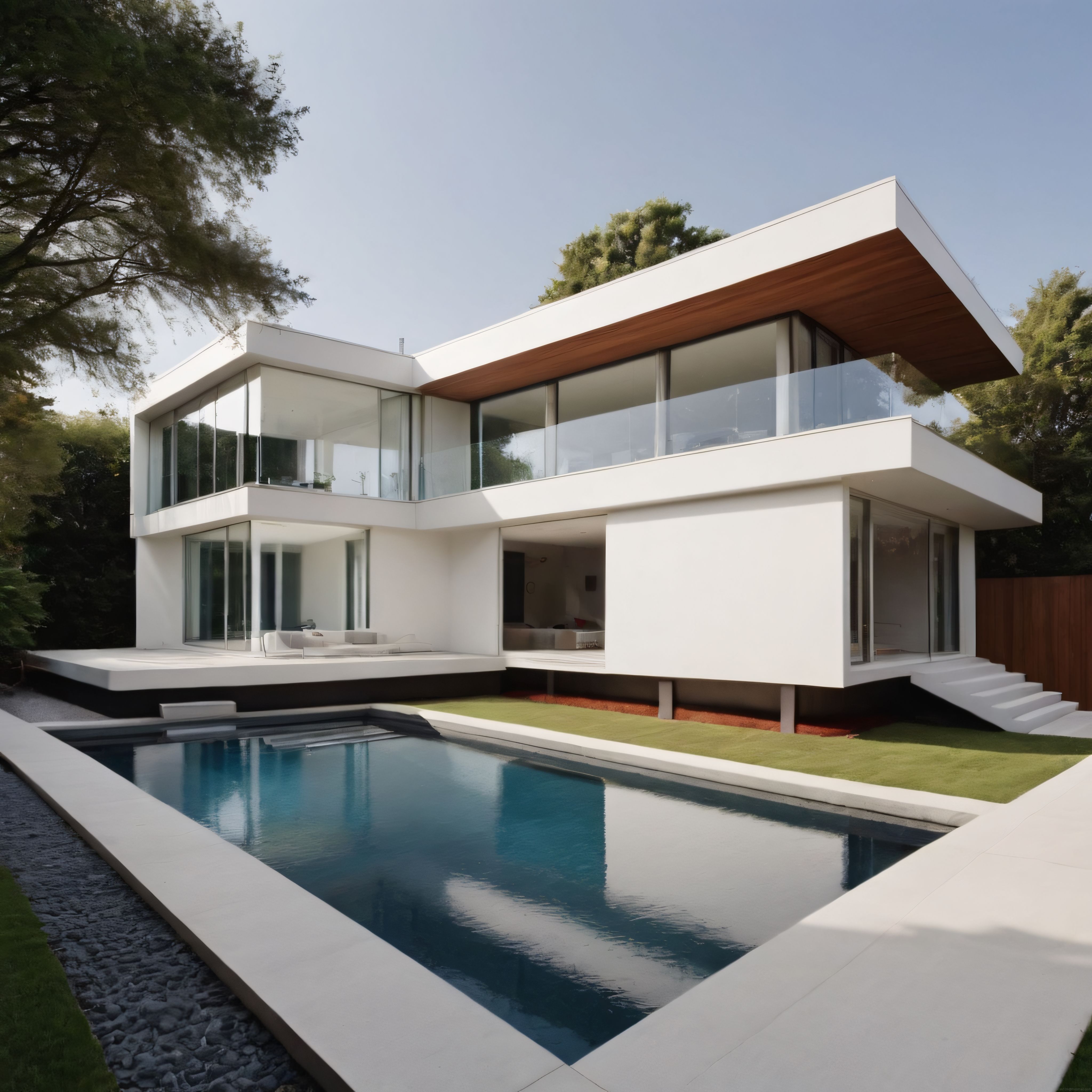 Ağaçlarla Çevrili Modern Mimari Tasarımlı Beyaz Lüks Villa ve Yüzme Havuzu