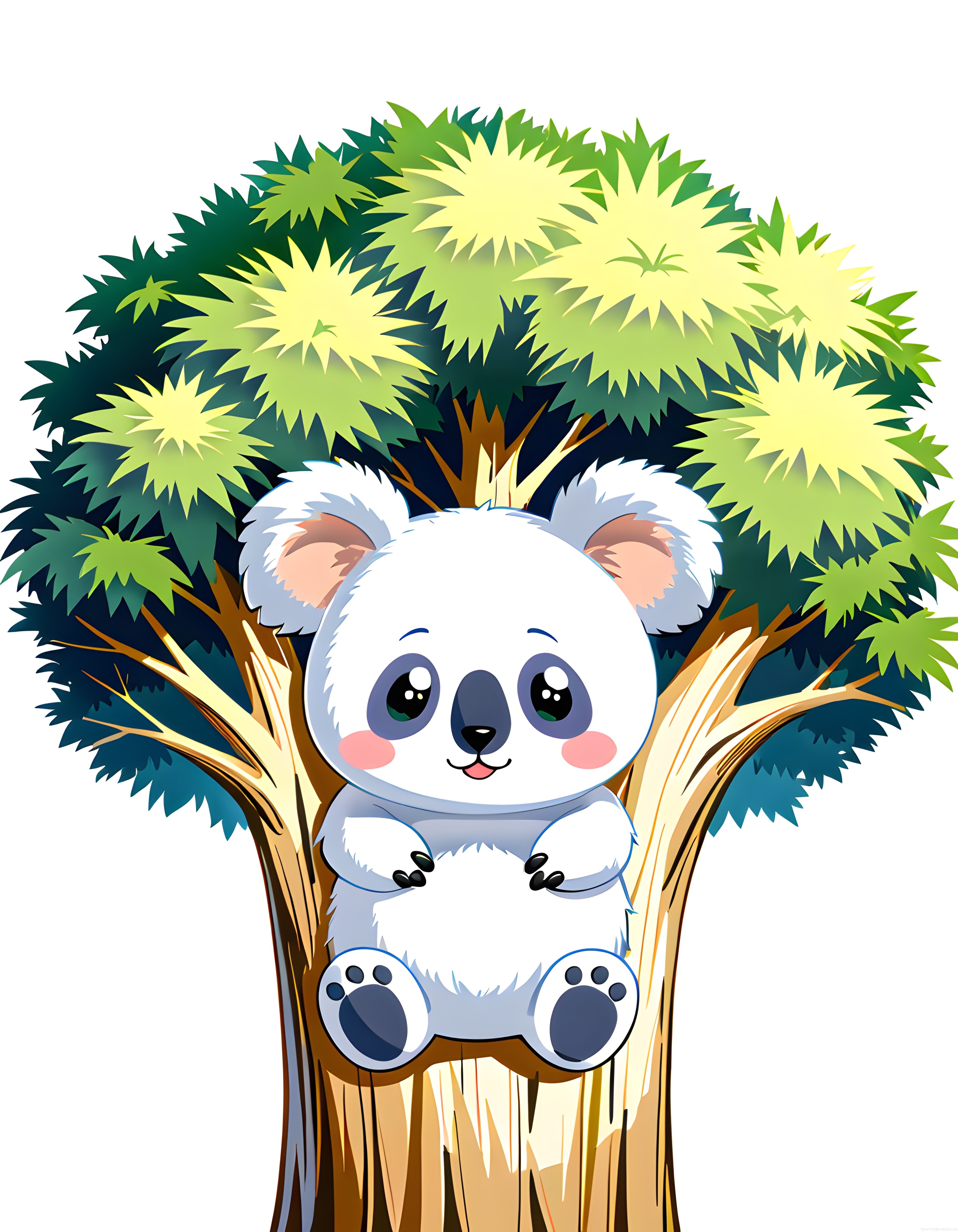Ağaçta Oturan Sevimli Beyaz Koala Yavrusu Karikatür Vektör Çizimi