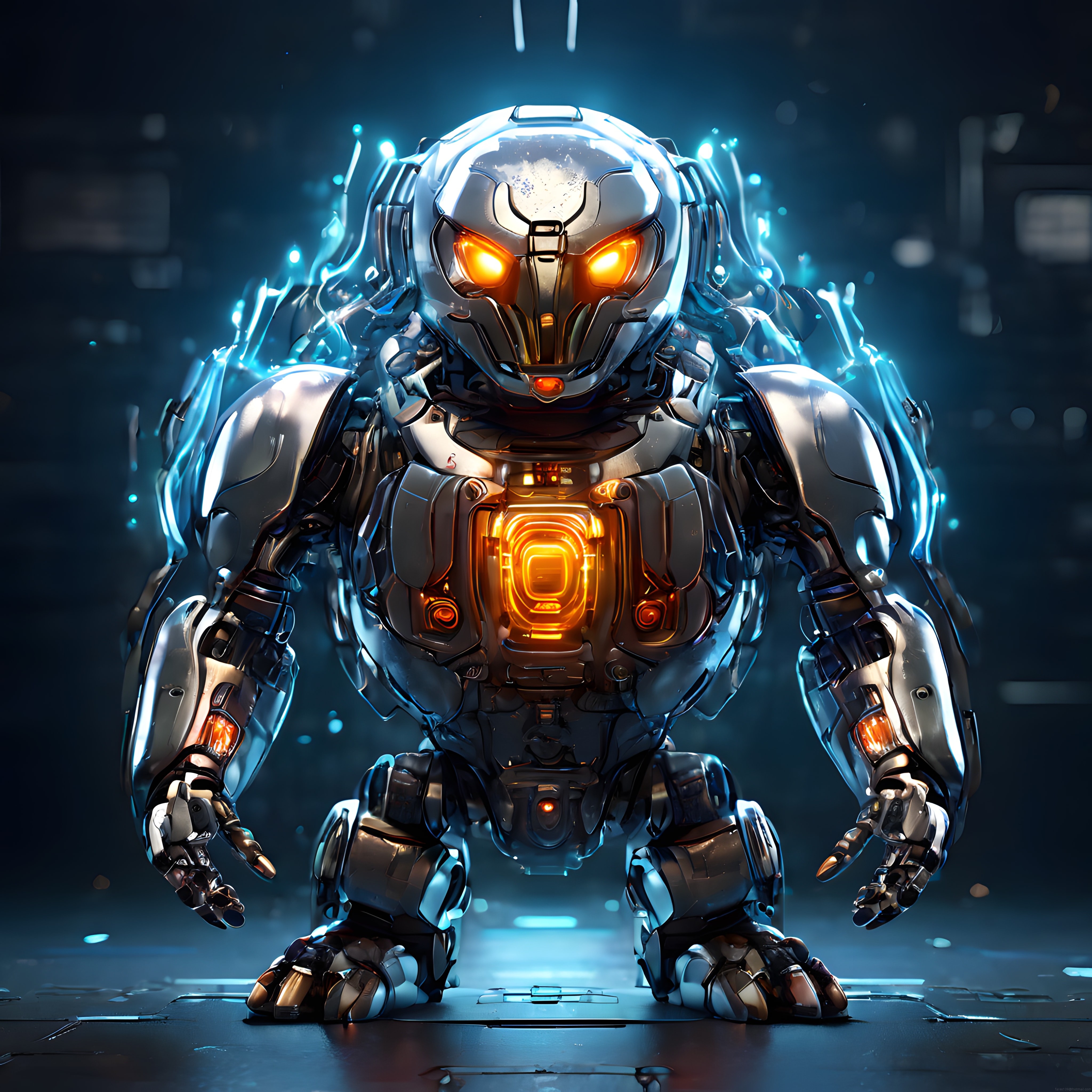 Ağır Zırhlı Dev Mecha: Turuncu Enerji Çekirdekli Cyberpunk Robot Tasarımı