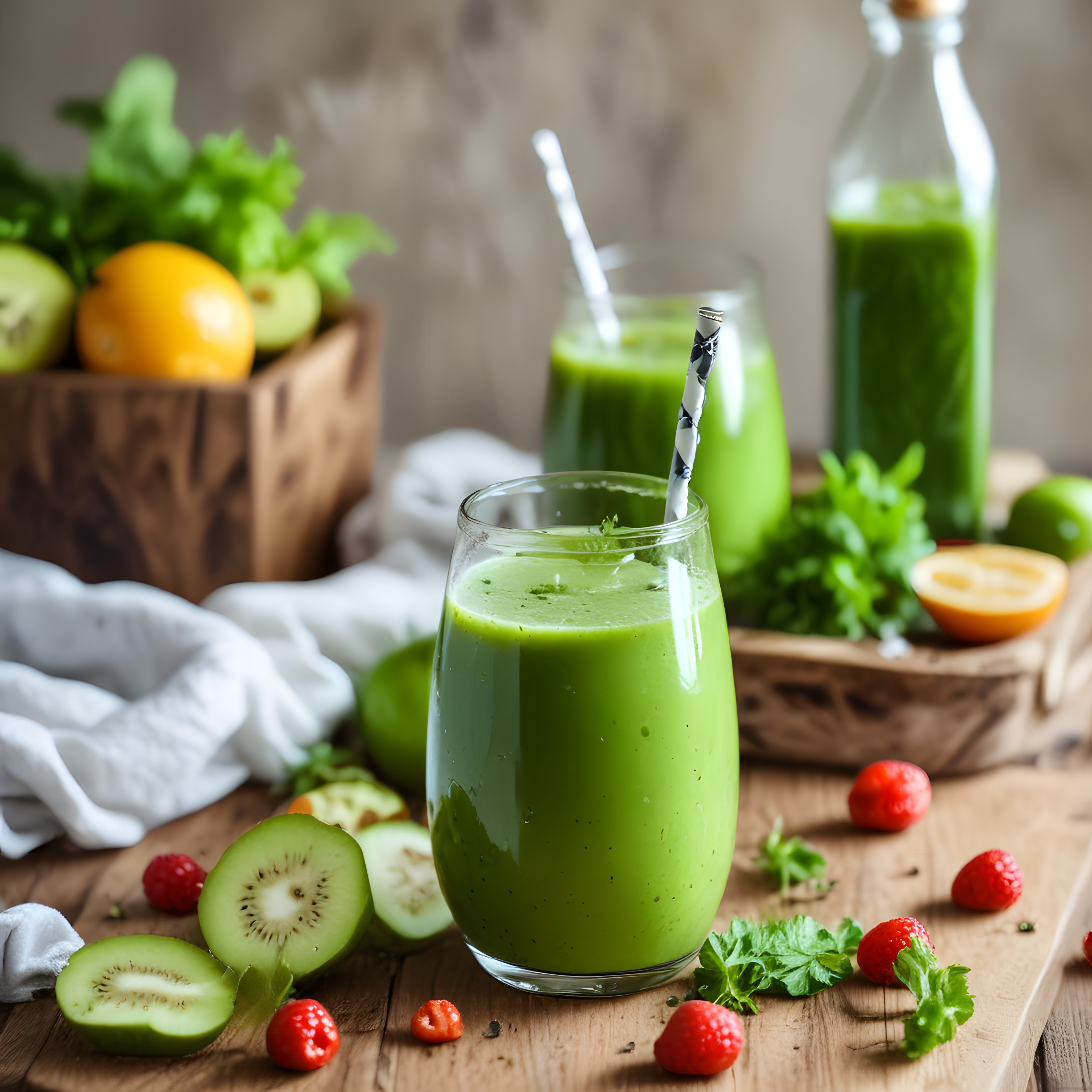 Ahşabın Üzerinde Taze Meyvelerle Hazırlanmış Yeşil Detoks İçeceği