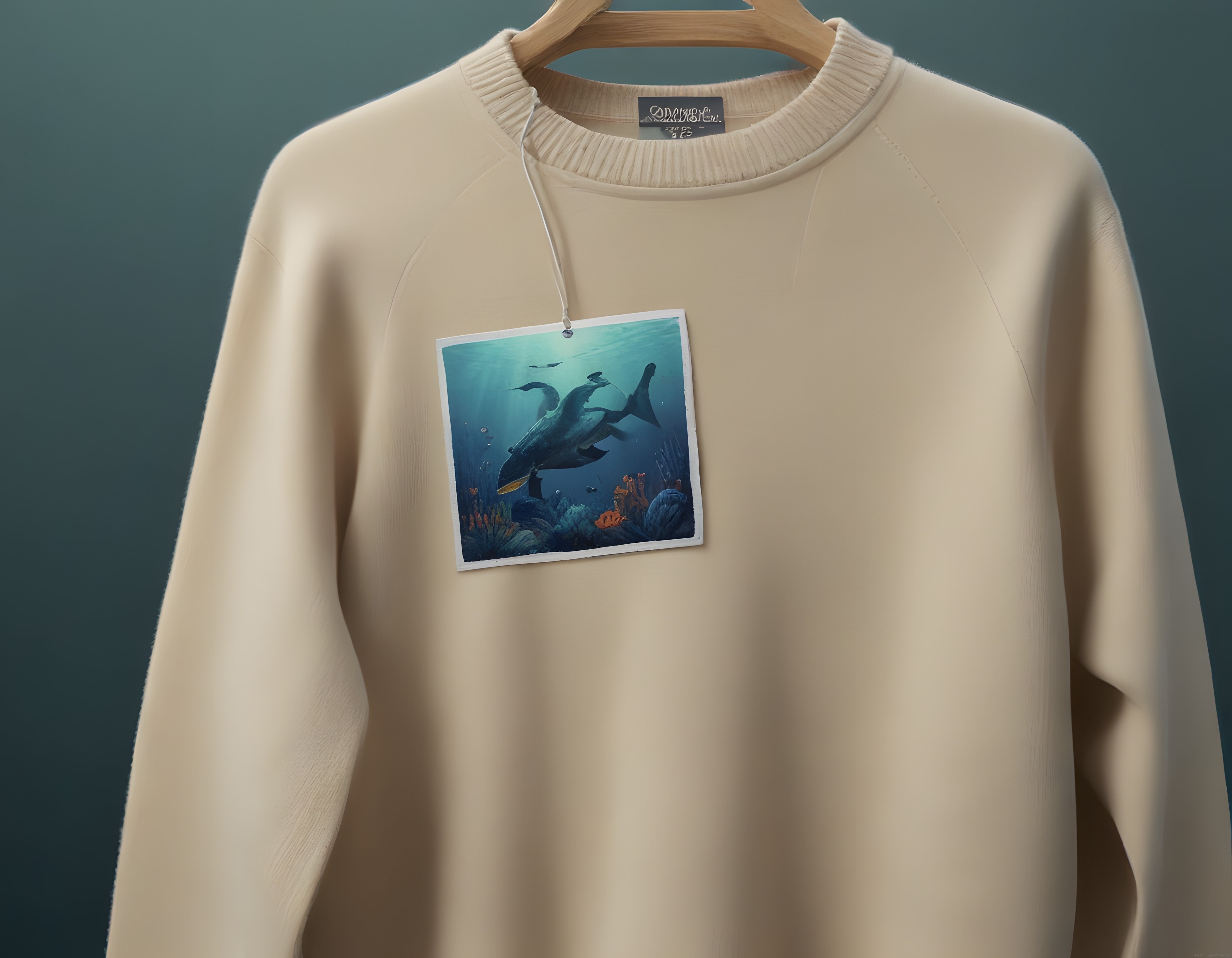 Ahşap askıda krem rengi oversize sweatshirt ve okyanus temalı denizanası baskısı