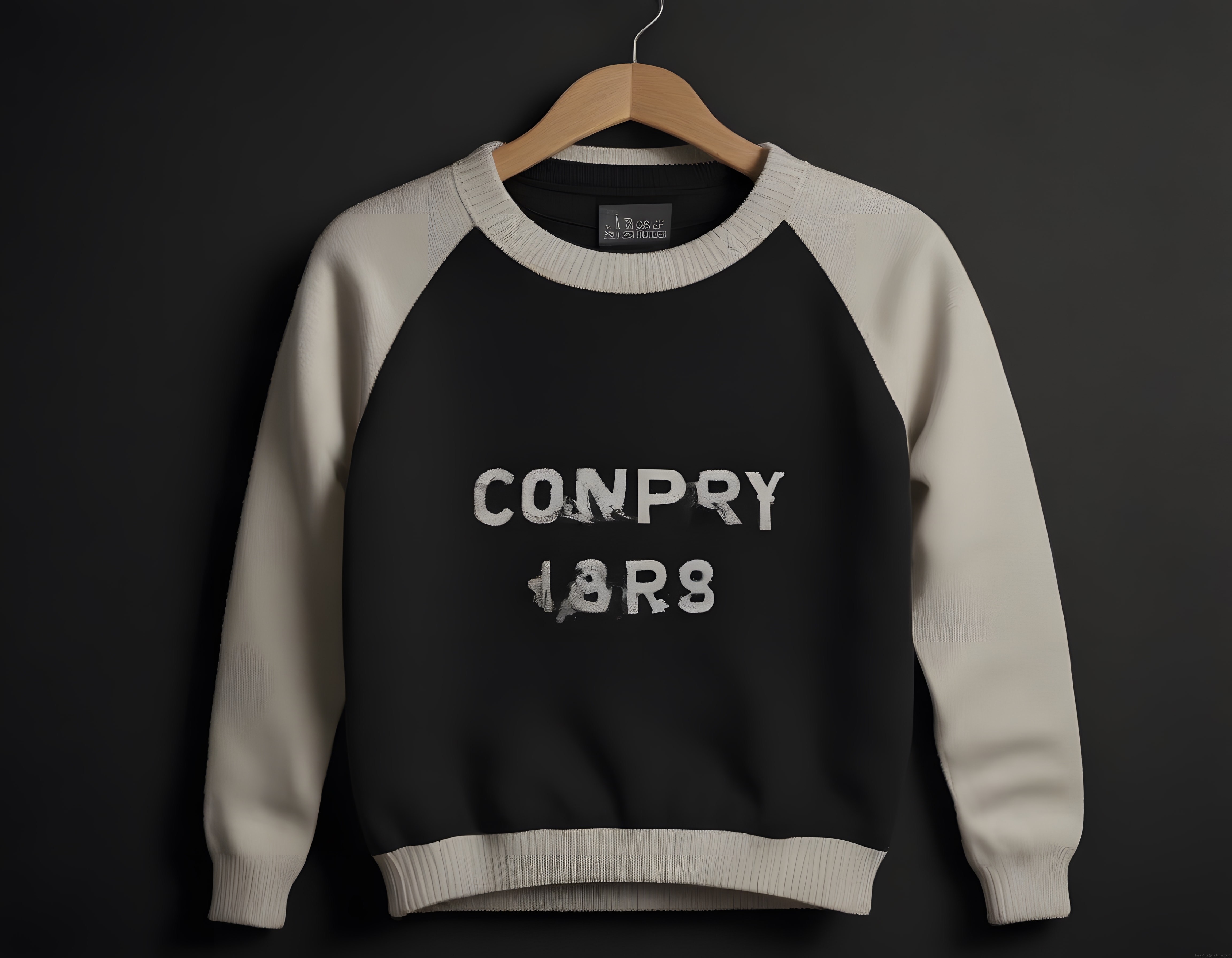 Ahşap Askıda Siyah Krem Raglan Kollu Eskitme Baskılı Sweatshirt Görünümü
