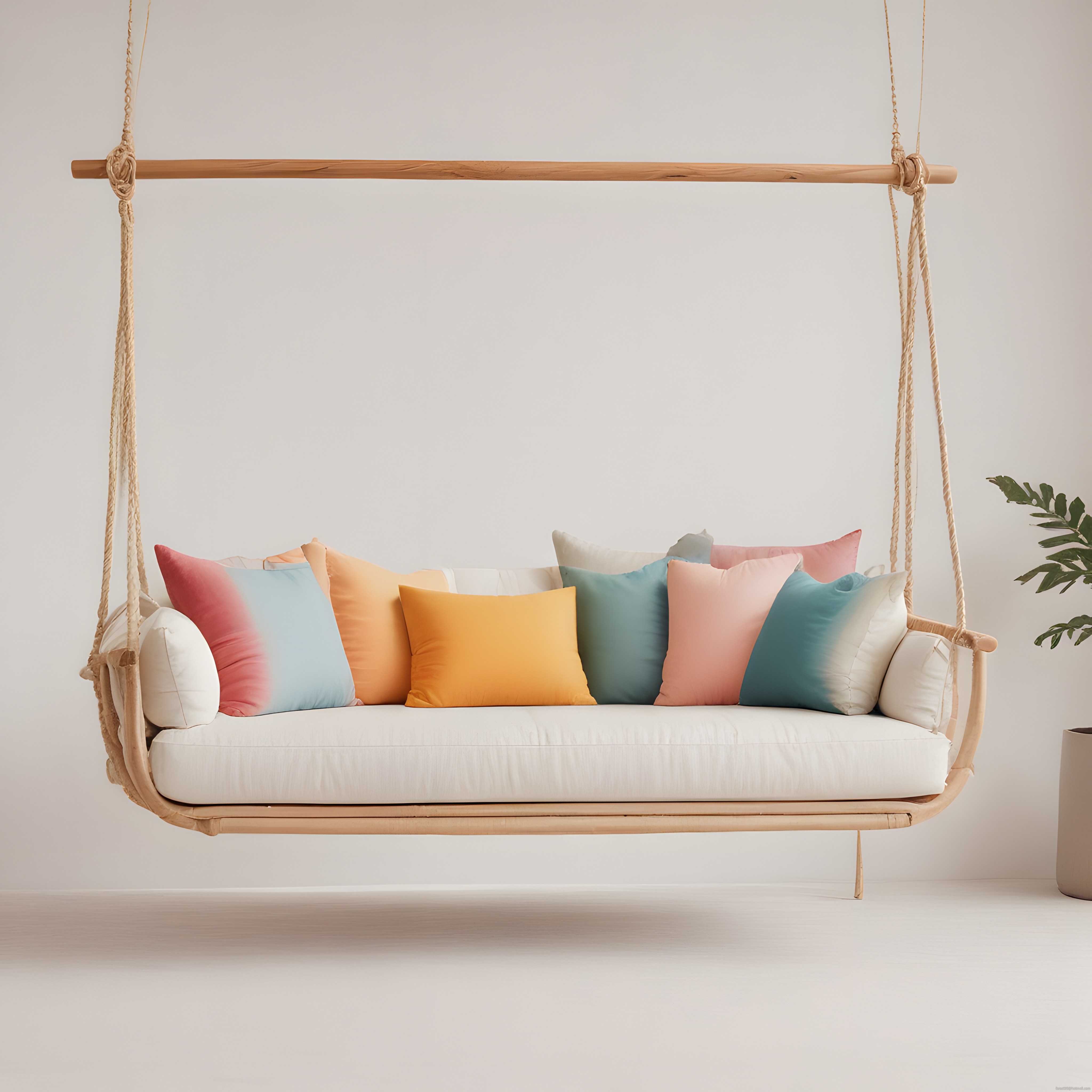 Ahşap Asma Salıncak ve Pastel Yastıklarla Minimalist İç Mekan Tasarımı