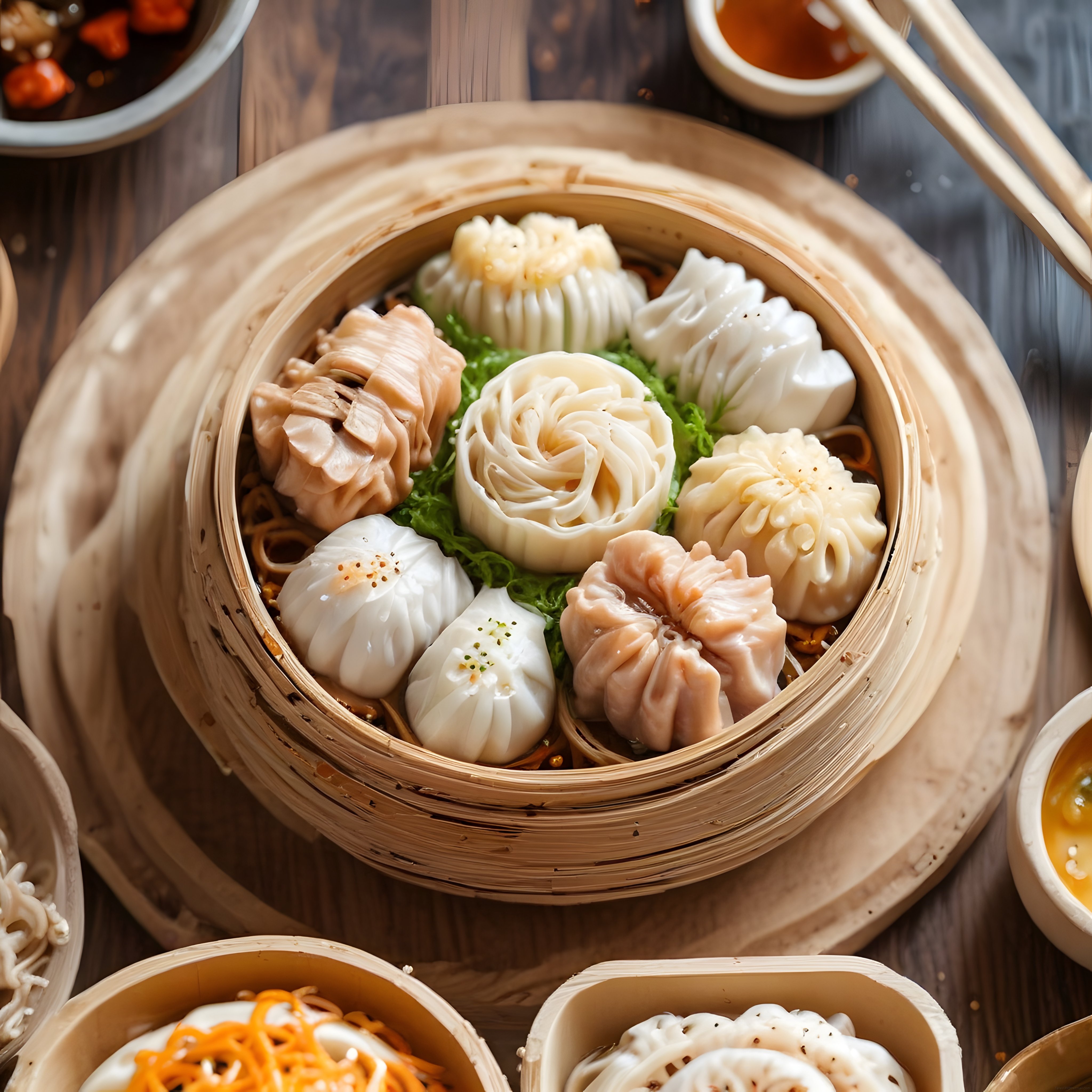 Ahşap buhar sepetlerinde özenle sunulan çeşitli asya mantıları ve dim sum tabağı