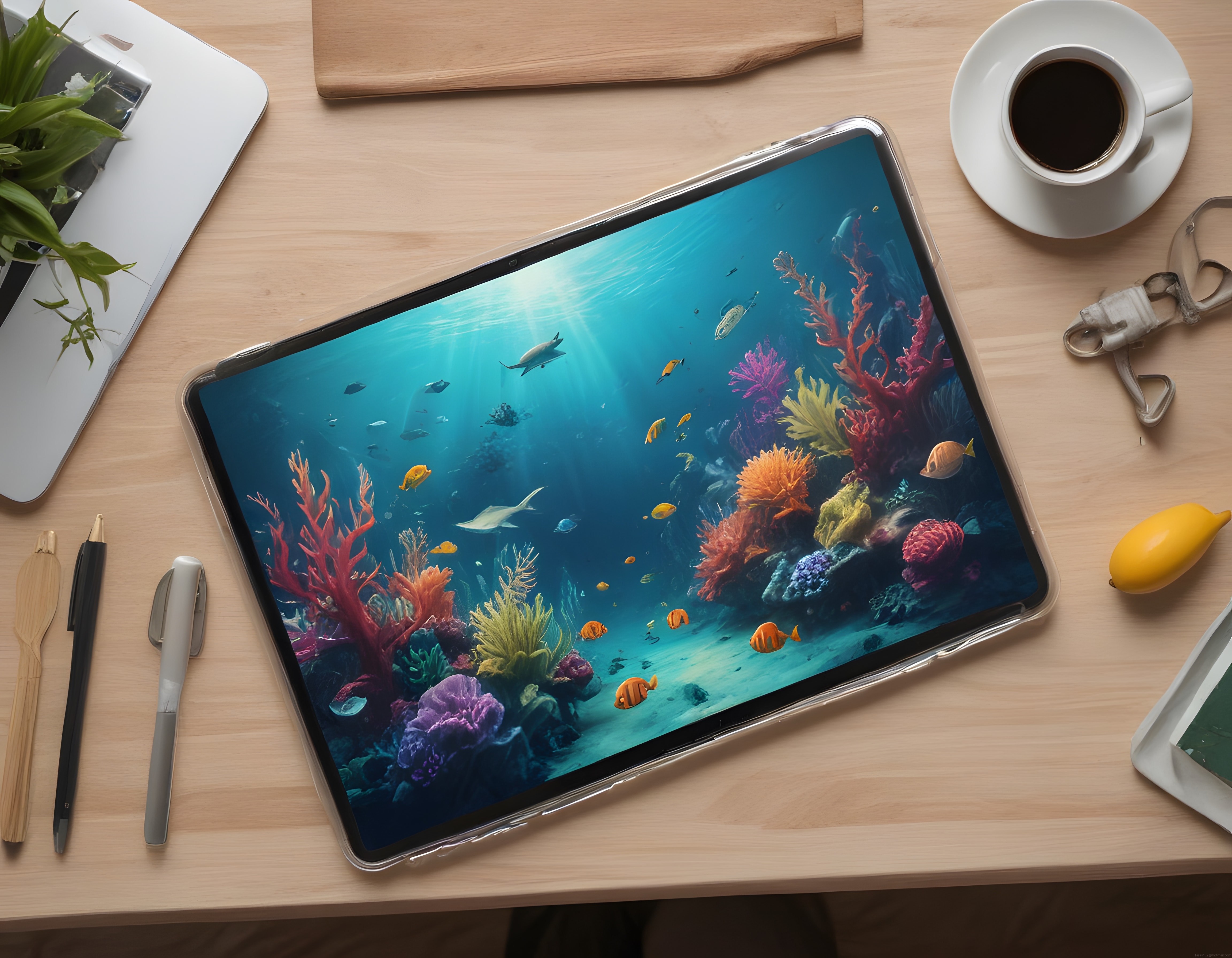 Ahşap Çalışma Masası Üzerinde Tablet ve Renkli Su Altı Dünyası Dijital Duvar Kağıdı