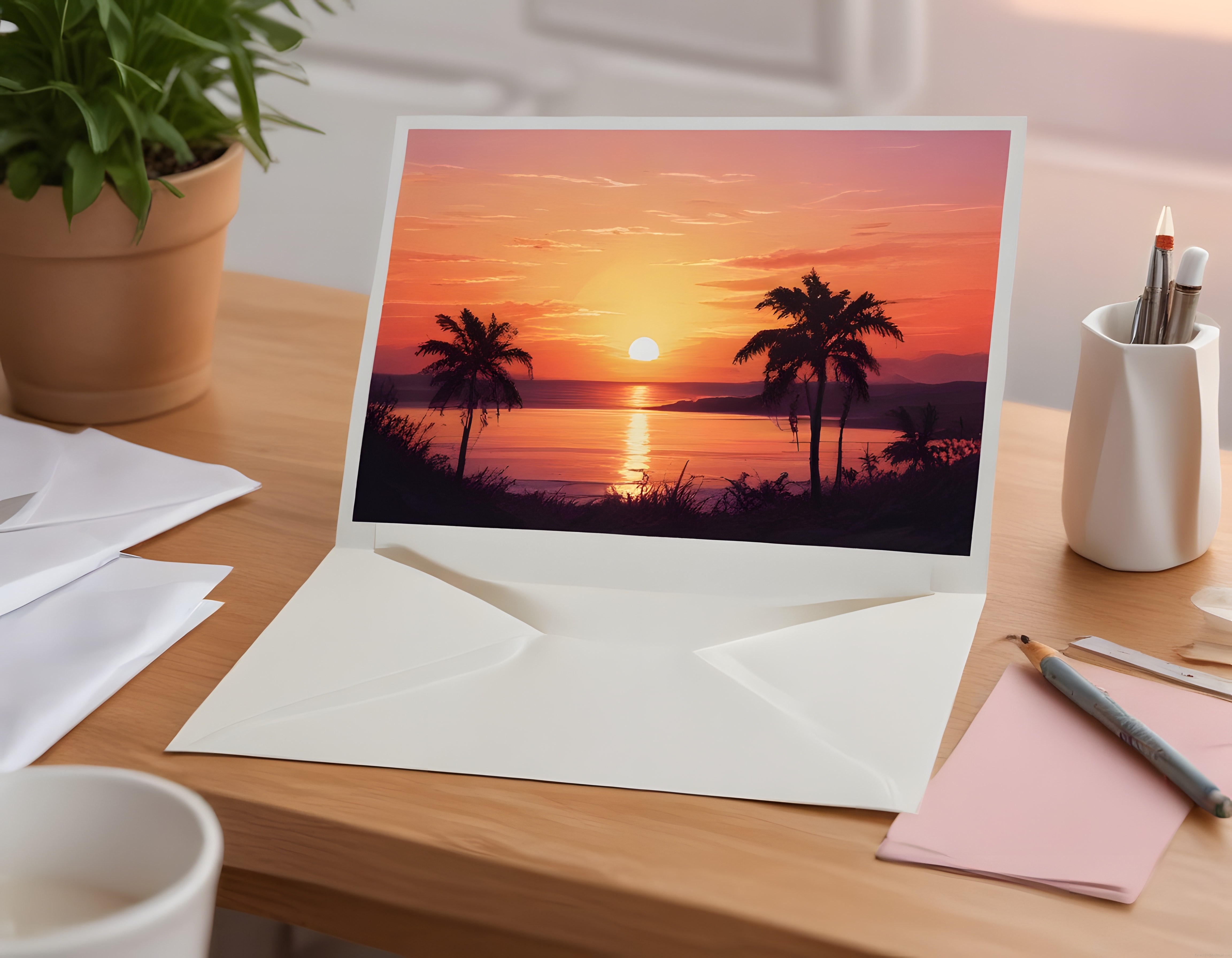 Ahşap çalışma masası üzerinde tropikal gün batımı manzaralı açık kartpostal ve zarf